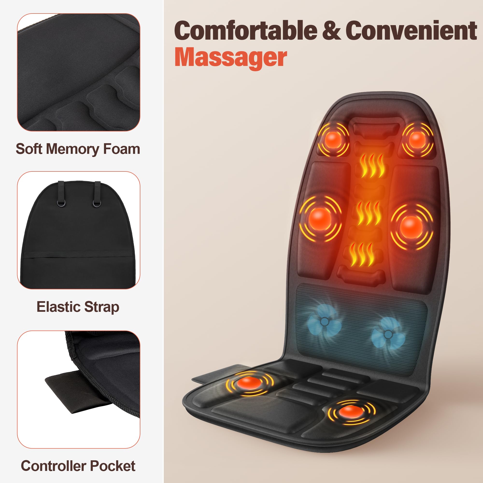 comrelax Massage Seat Cushion with Heat, Cooling Back Massager for Chair, Chair Massager for Full Body Massage, Deep Tissue Vibr