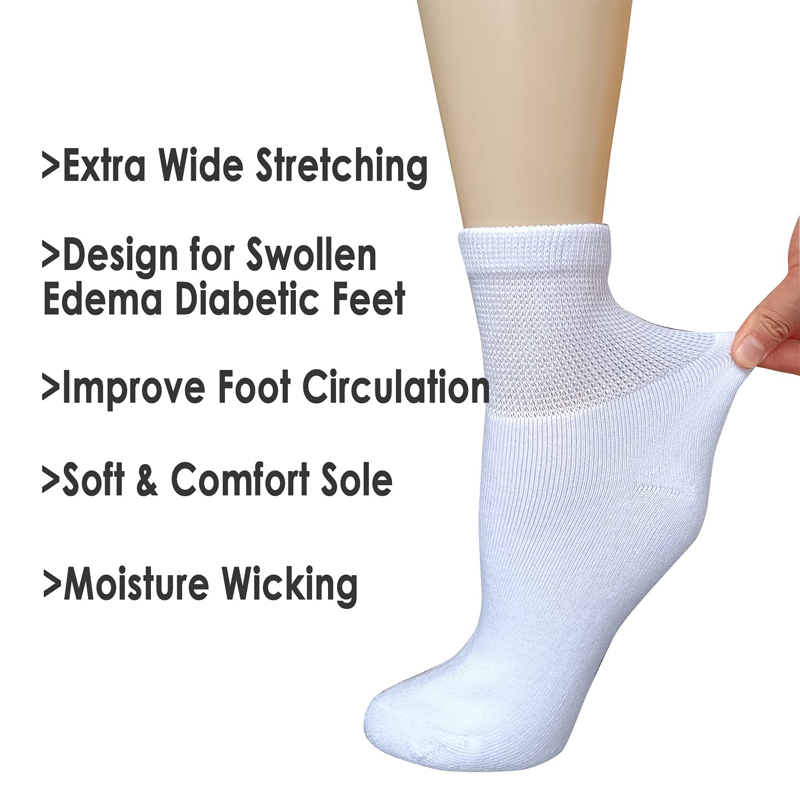 VEIGIKE Women Diabetic Socks Soft Breathable Moisture Wicking Quarter Ankle Socks, Extra Wide Non-Binding Socks 4 Pairs, White-4