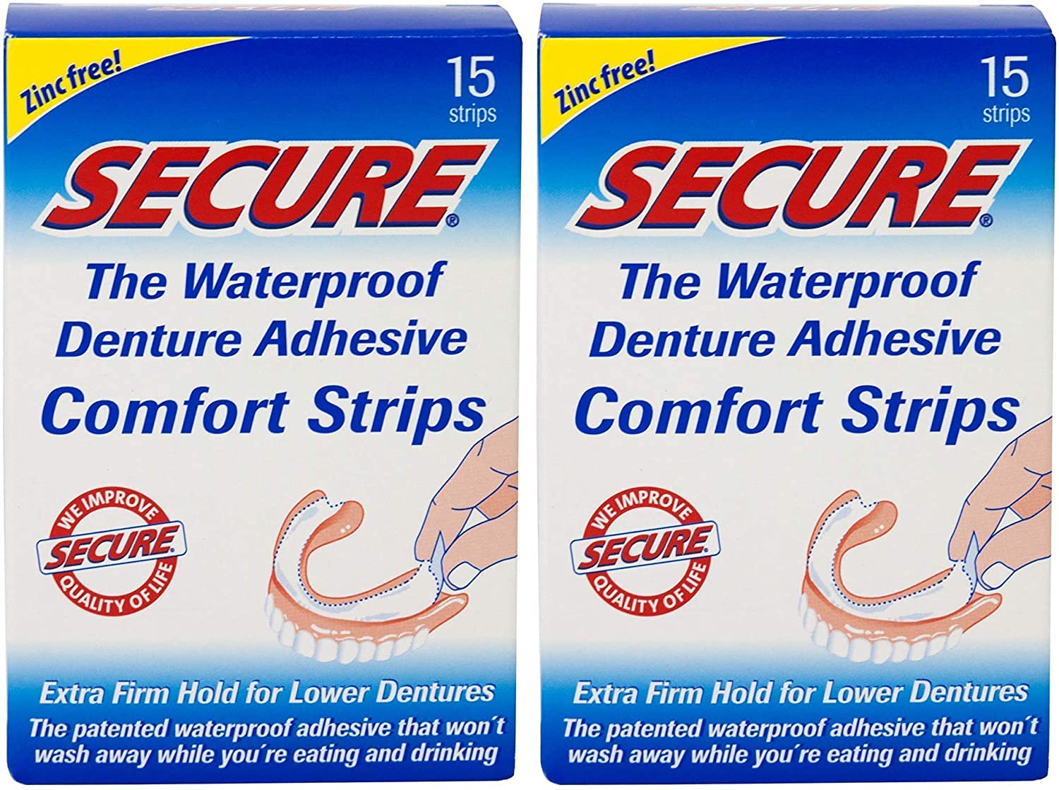 Secure Comfort Strips Waterproof Denture Adhesive - Zinc Free - Extra Firm Hold For Lower Dentures - 15 Count (Pack of 2)