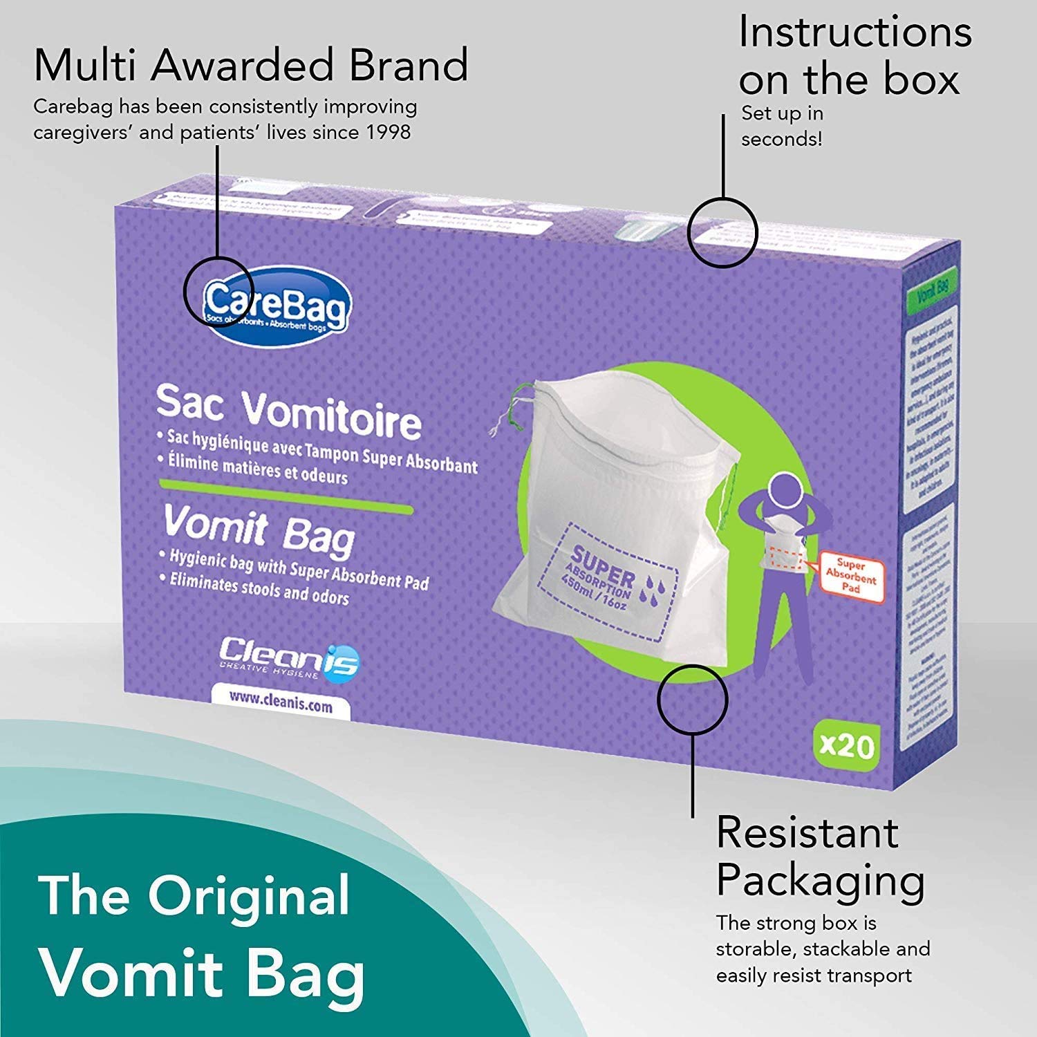 The Original CareBag Vomit Bag with Super Absorbent Pad, Box of 20 Bags - Absorbent Emesis Bag for Emergency - Medical Grade, Di