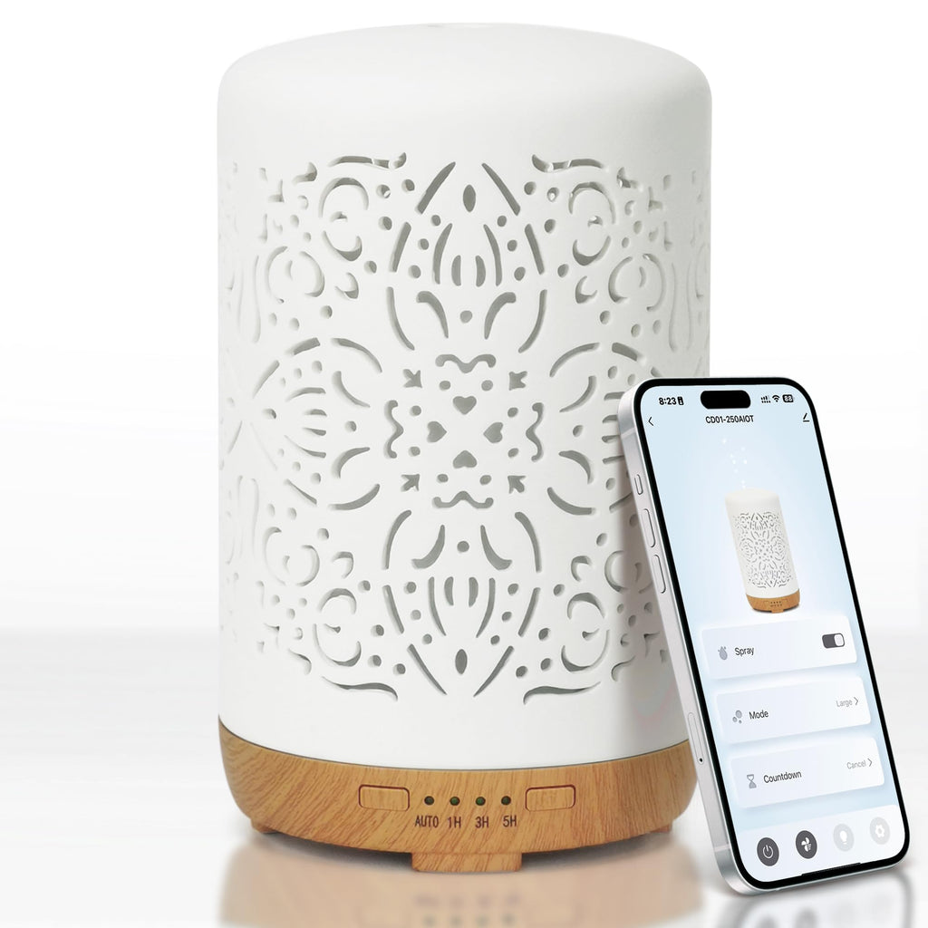 Earnest Living Smart Wifi Essential Oil Diffuser White Ceramic Diffuser 250 ml with Alexa Google Home App Phone Control LED and 