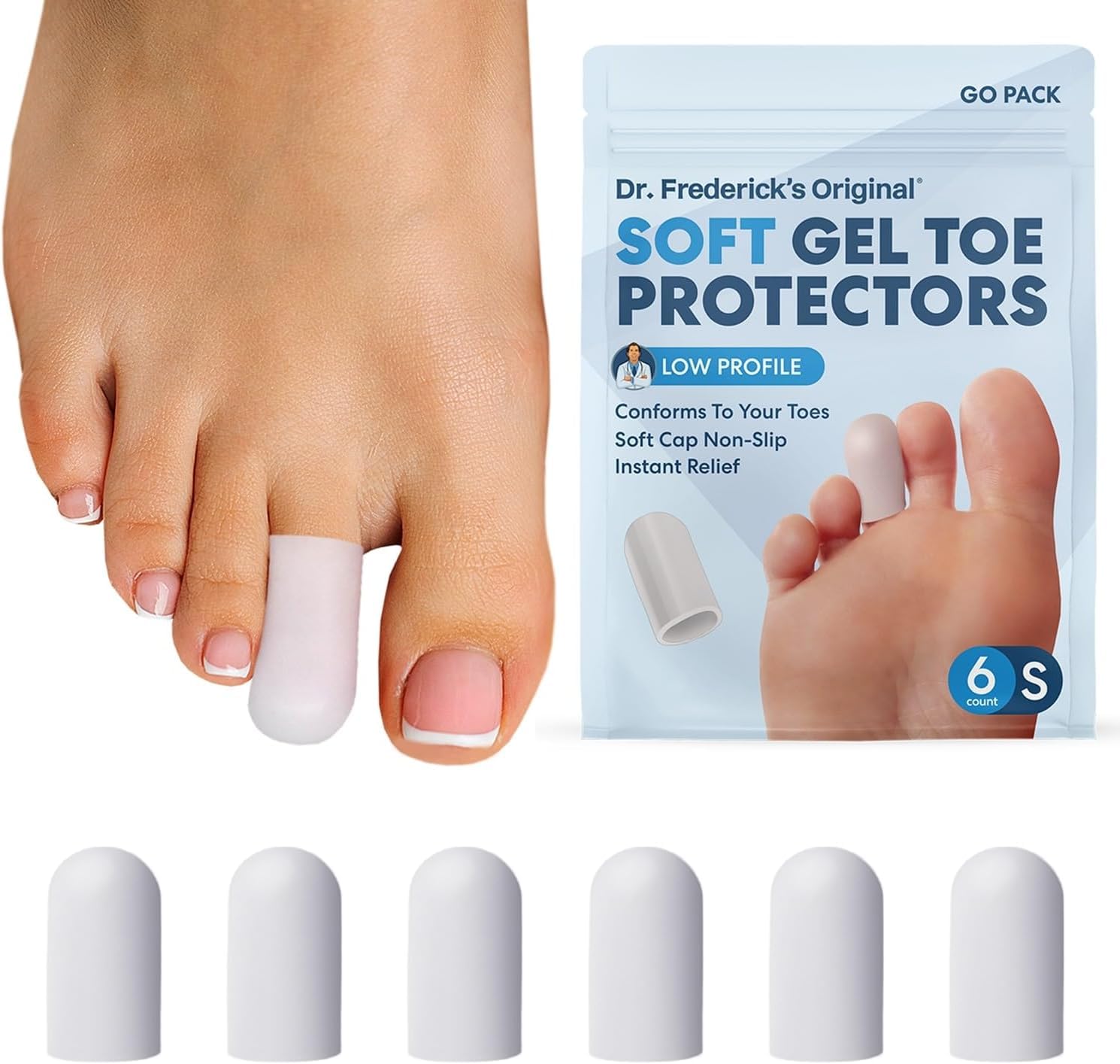 Dr Fredericks Original Soft gel Toe Protectors for Men  Women - 6 Pieces - Toe caps for Foot Pain Relief - Flexible cushions - T