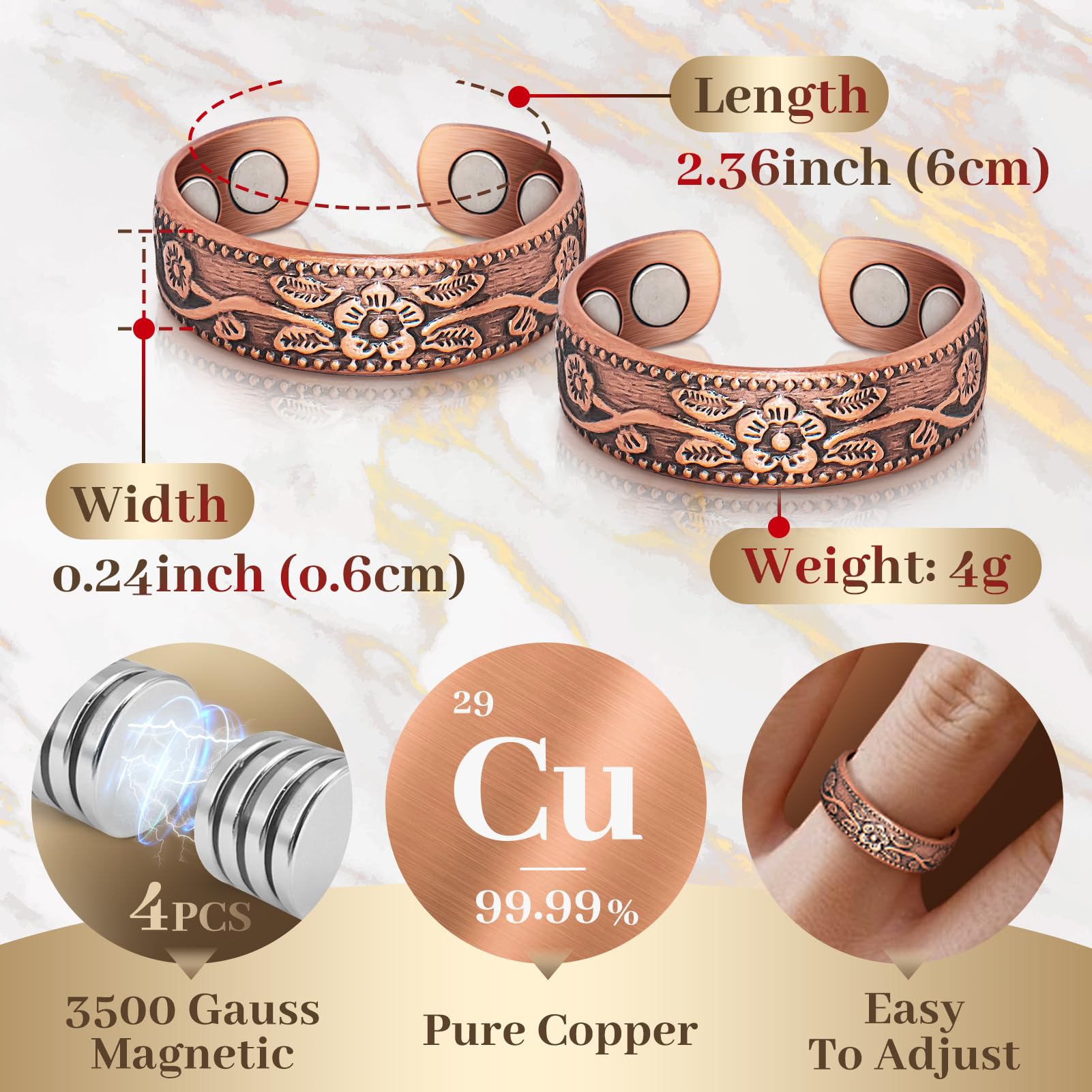 Copper Rings for Women,99.99% Pure Copper Magnetic Rings with 3500 Gauss Magnets,Copper Jewelry for Women(Set of 2)