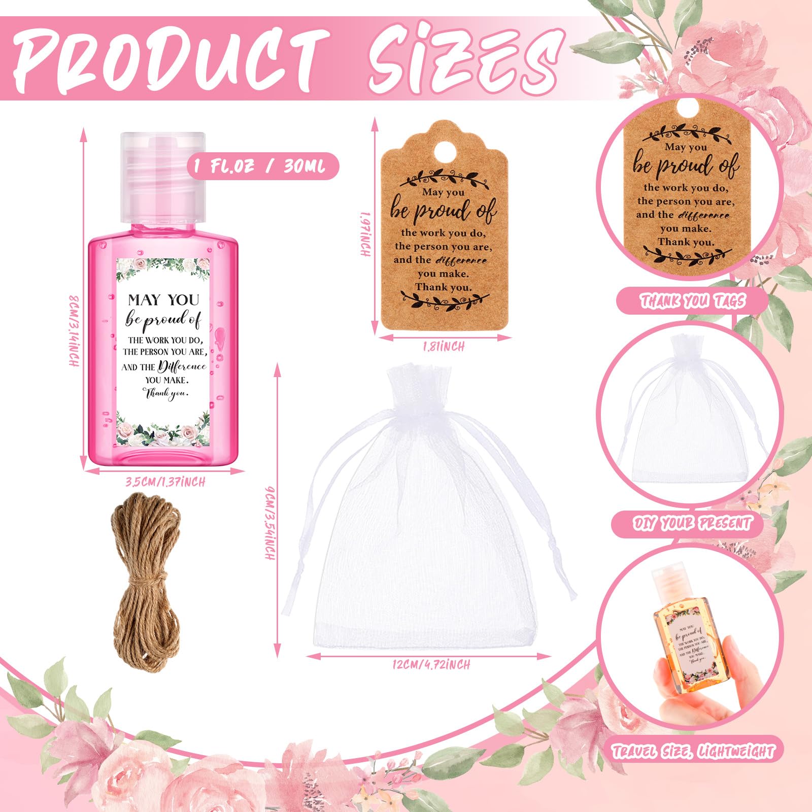 Frienda 24 Sets Thank You Hand Sanitizer Gift Set Graduation Gifts Mini Travel Size Hand Sanitizers with Organza Bags Tags for M