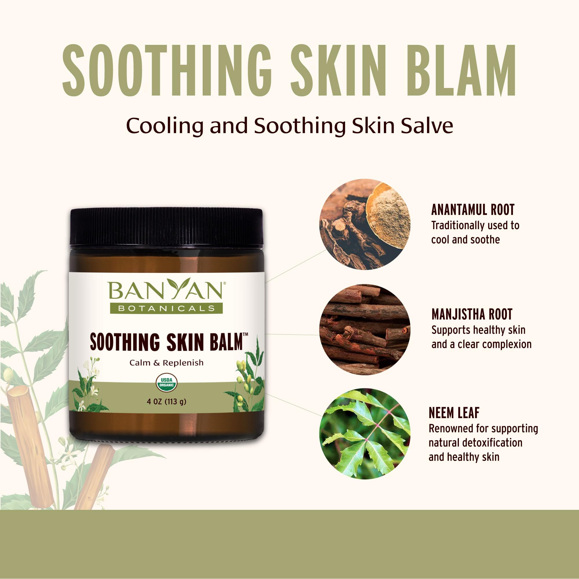 Banyan Botanicals Soothing Skin Balm - Organic Herbal Skin Care Salve with Neem Leaf and Vetiver - Cooling and Soothing Balm For