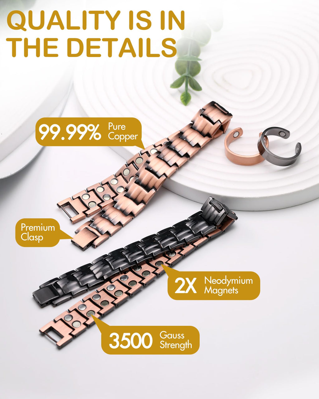 Feraco Men's Copper Magnetic Bracelet and Ring Elegant 99.99% Solid Copper Bracelets with Double-Row Strong Magnets, Magnetic Fi