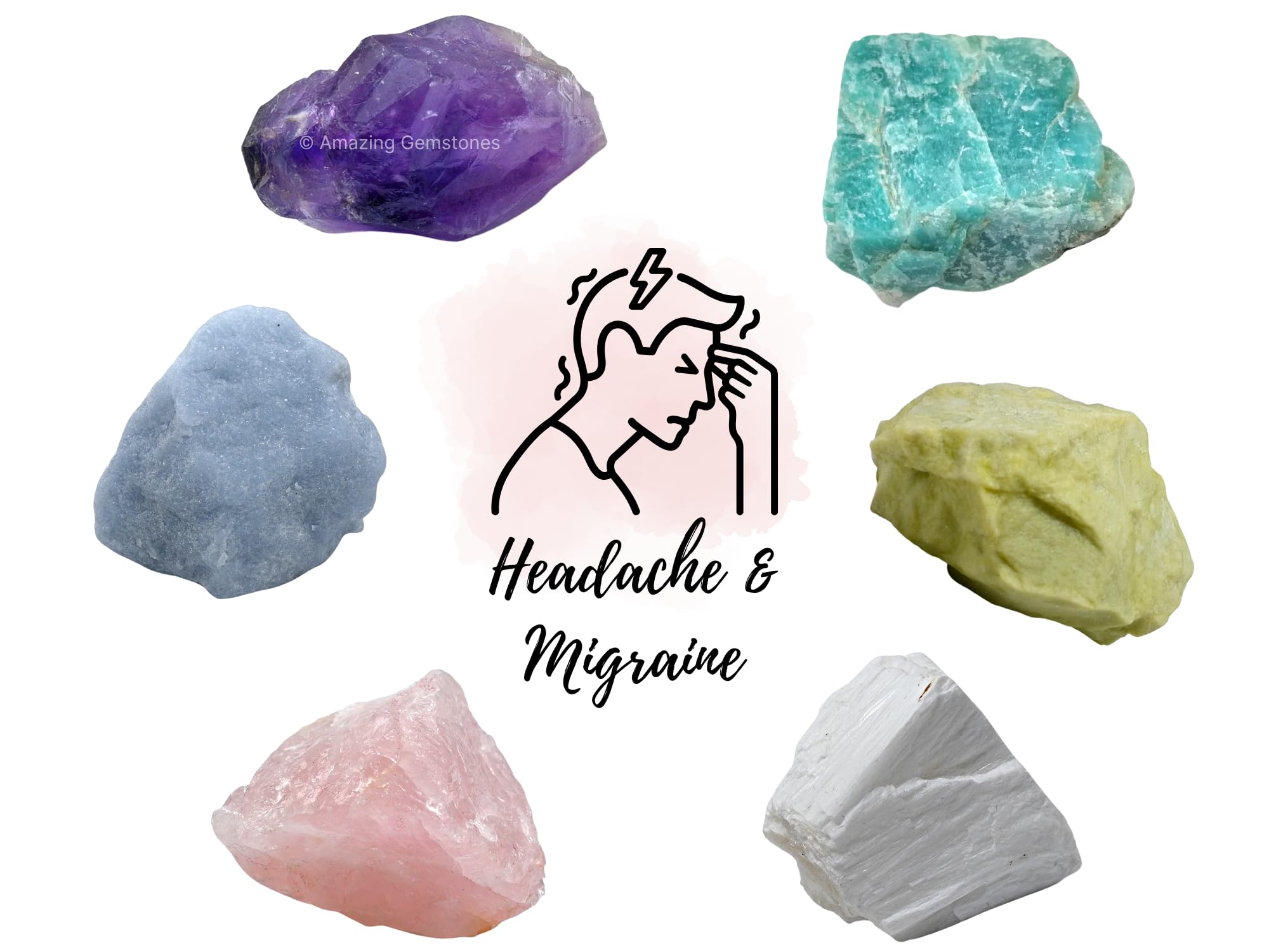 Healing Crystals for Headaches and Migraine, Set of 6 Amethyst, Angelite, Amazonite, Rose Quartz, Scolecite and Serpentine Heali