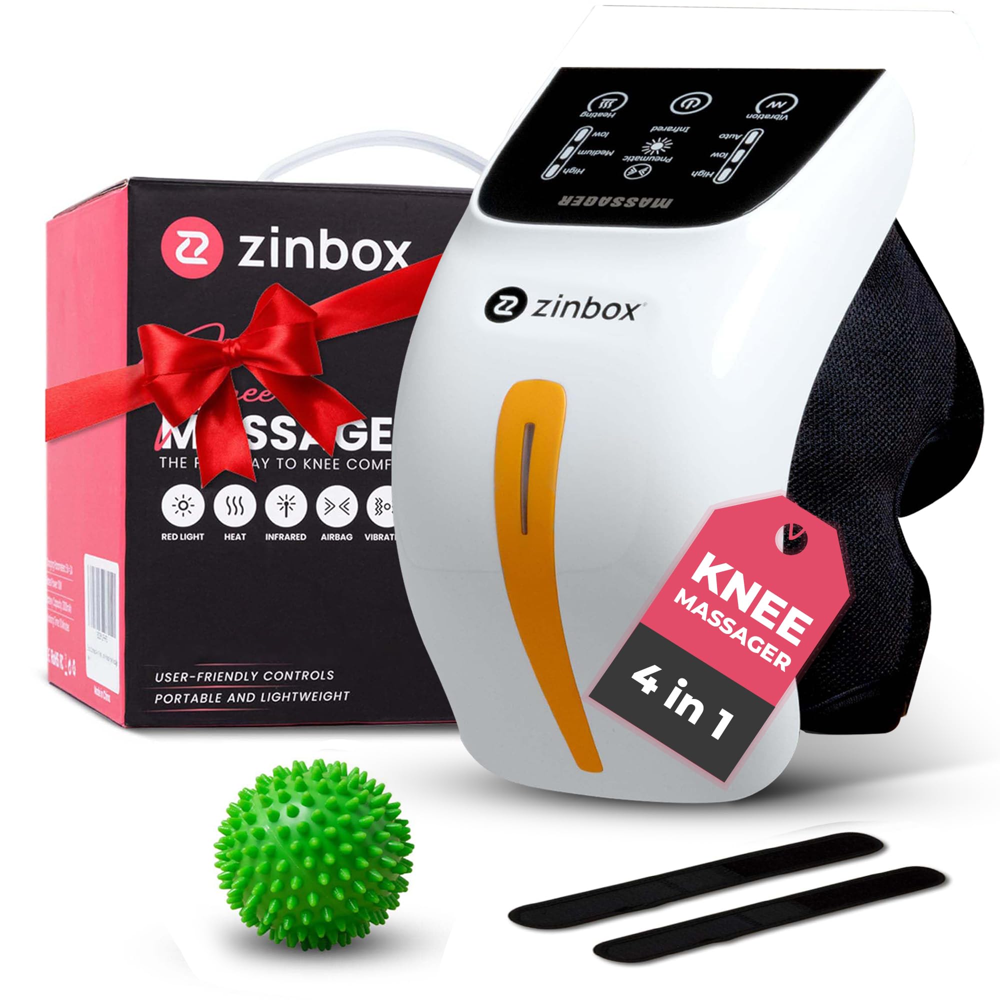 zinbox Upgraded 4-in-1 Portable Knee Massager w/Red Light, Vibration Massage, & Soothing Heat for Relaxation, Comfort Everyday -