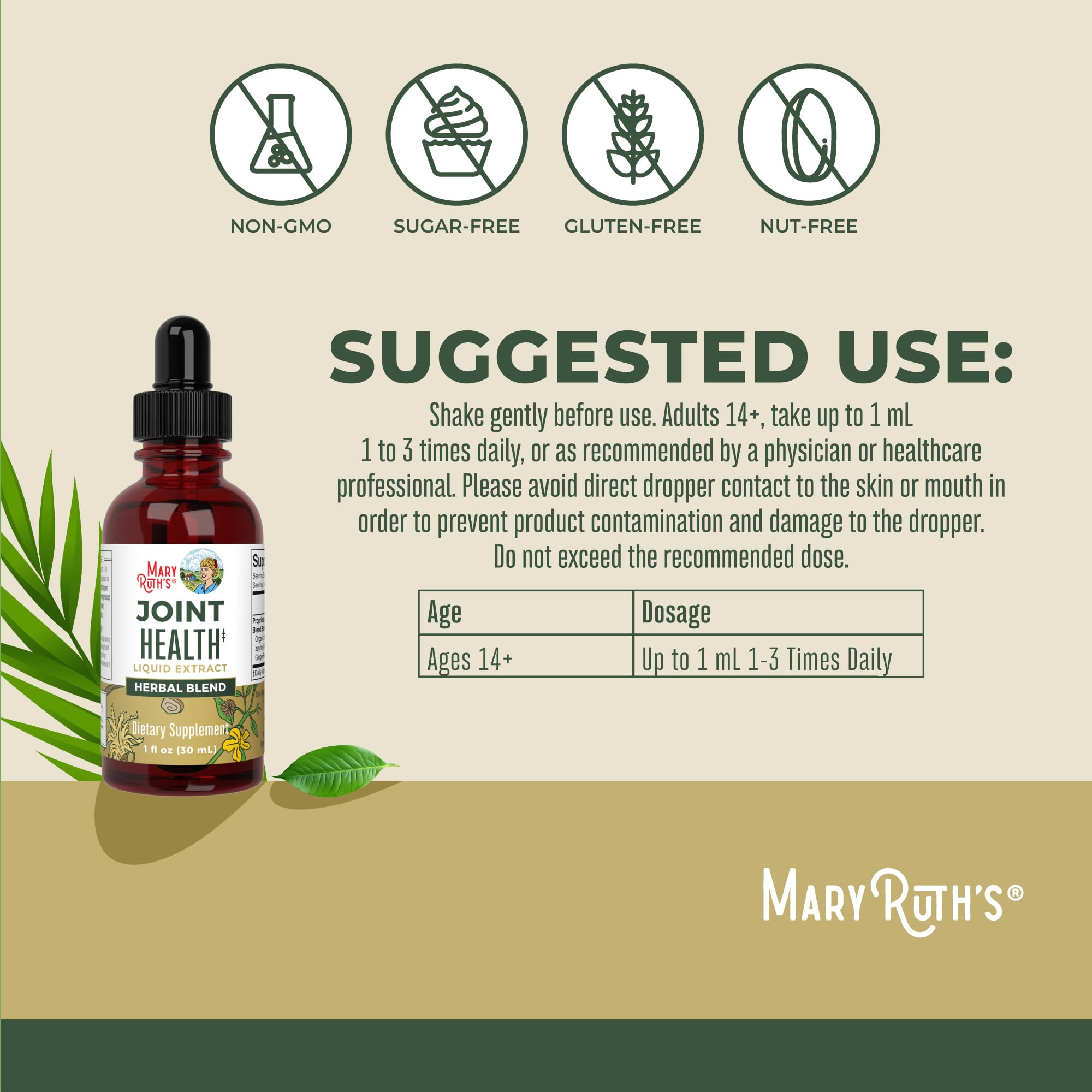 Joint Health Liquid Extract by MaryRuths | Four Herbal Blend Liquid Drops | Ginger Root | Licorice Root | Cats Claw | Devils Cl