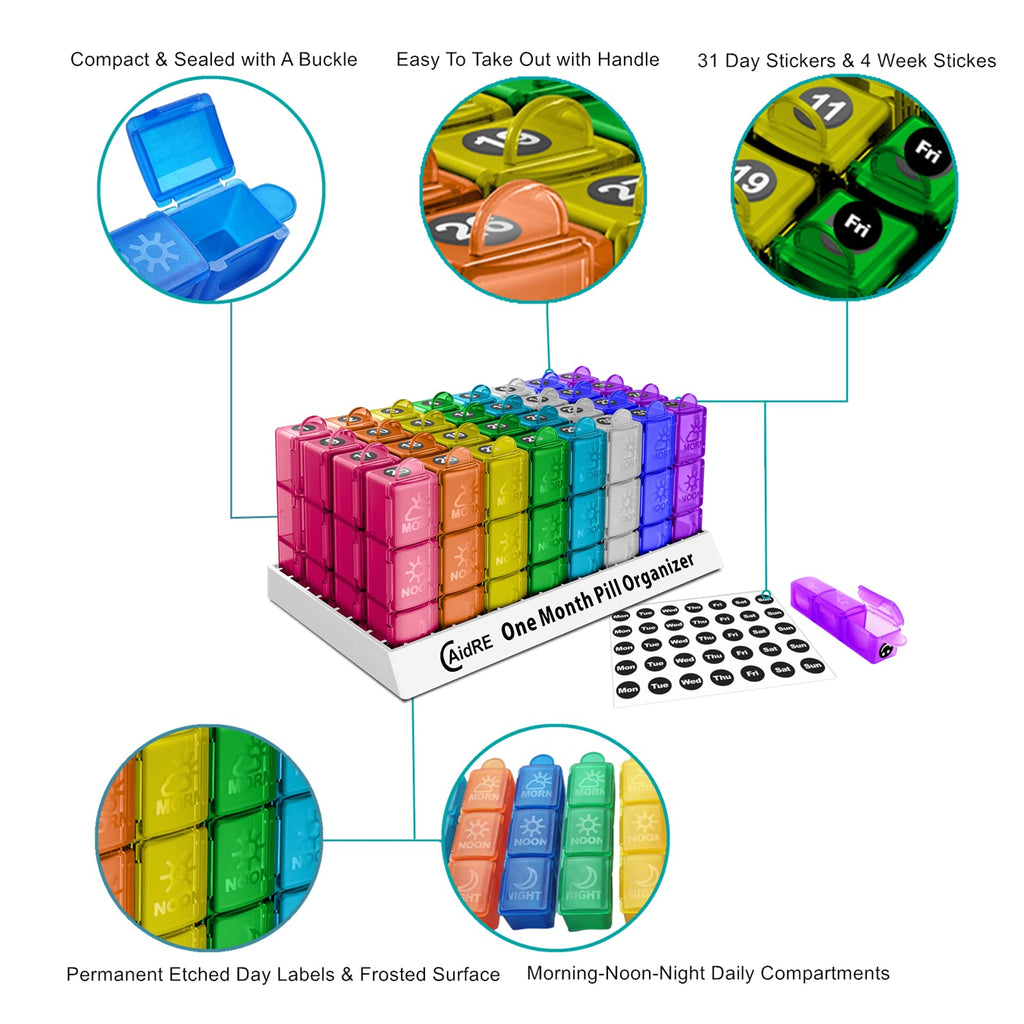 CAidRE Monthly Pill Organizer 31 Day 3 Times a Day - One Month Pill Box for Medications, Fish Oil, Vitamins & Supplements - 30 D