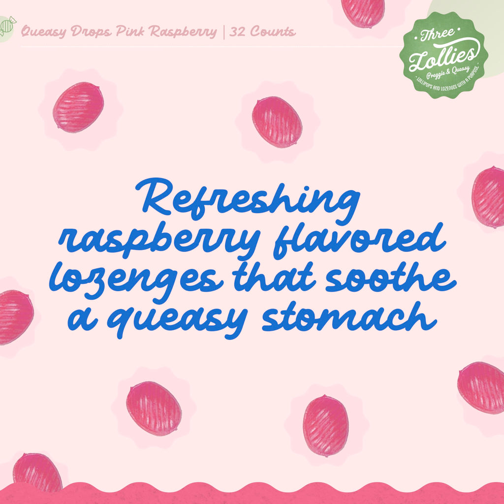 Three Lollies Queasy Drops - Pink Sour Raspberry Flavor - Travel Sickness & Nausea Relief, Soothes Stomach & Dry Mouth, Natural
