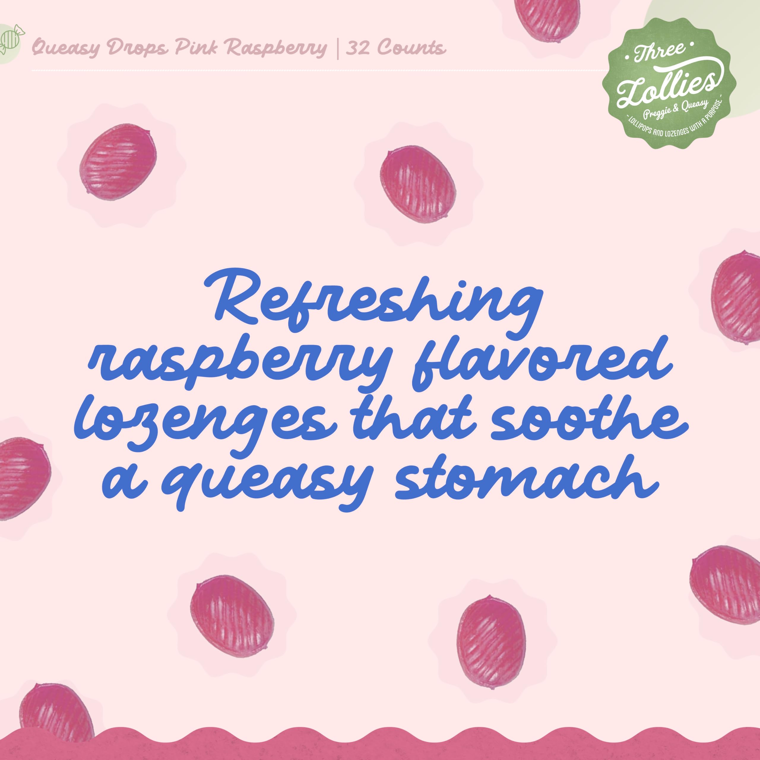 Three Lollies Queasy Drops - Pink Sour Raspberry Flavor - Travel Sickness & Nausea Relief, Soothes Stomach & Dry Mouth, Natural