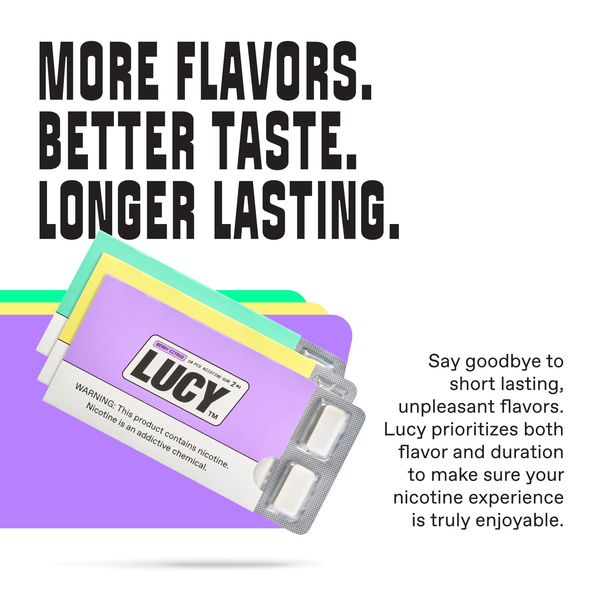 LUCY Nicotine Gum 2mg, 90 Count, Mint, Berry Citrus, Mango - Canada NPN# 80120060 - NRT Stop Smoking Aid, Reduce Withdrawal Symp