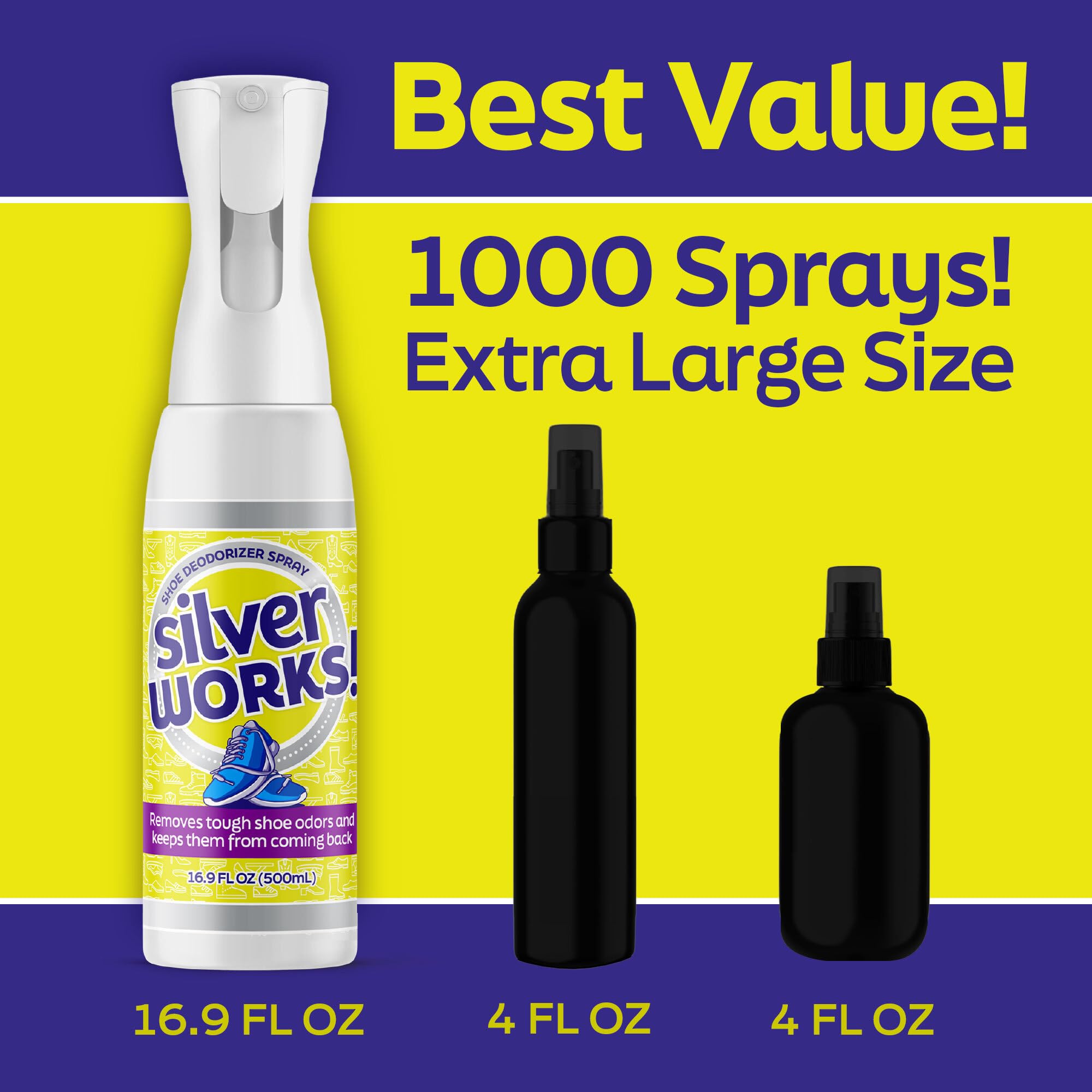 SilverWorks! Shoe Deodorizer Spray For Smelly Shoes - Shoe Odor Elimination Spray - Shoe Odor Spray - Boot, Sneaker, Shoe Smell