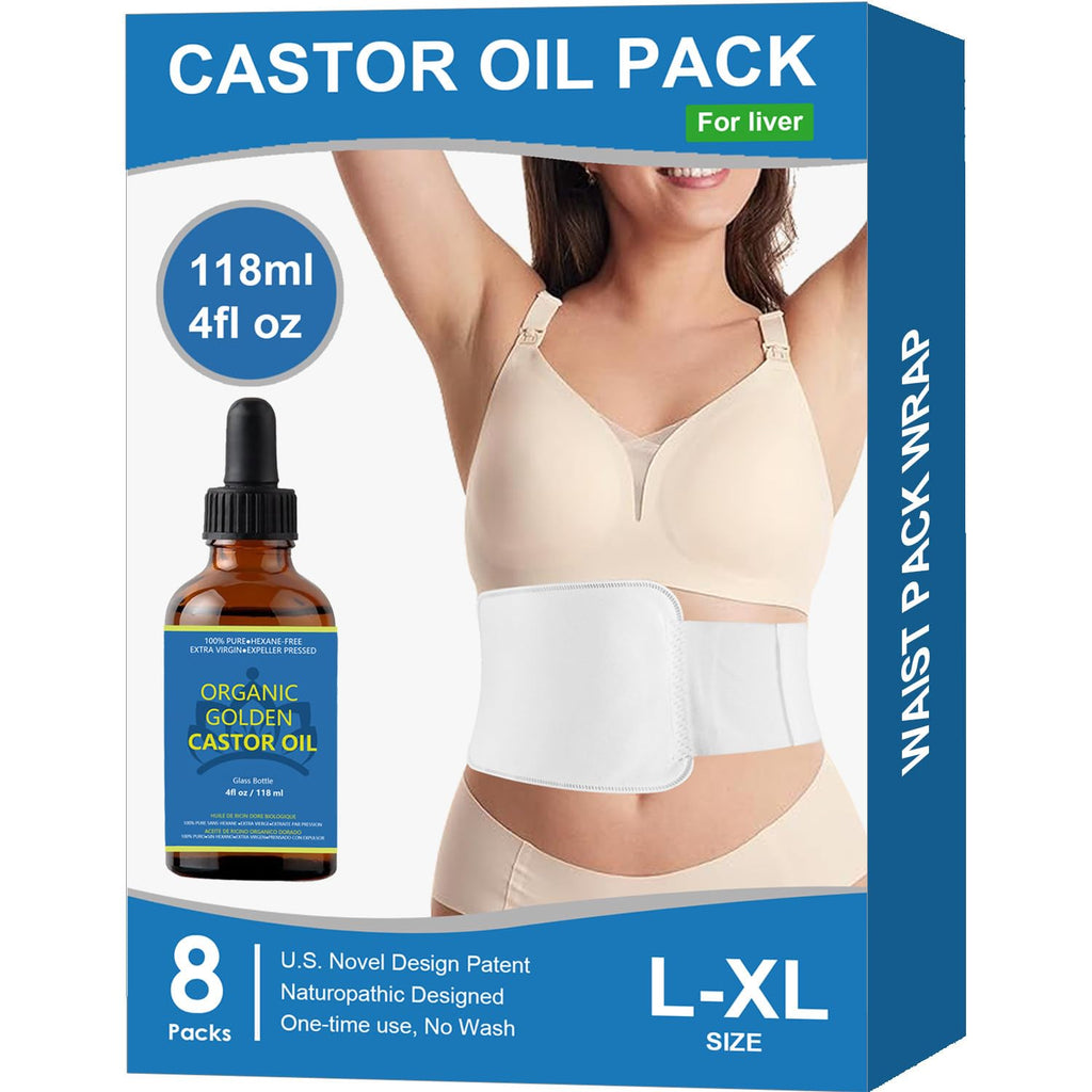 Castor Oil Organic Cold Pressed Unrefined Glass Bottle(4fl.oz/118ml), Zero Allergy Castor Oil Pack Wrap | Disposable Adhesive-Fr