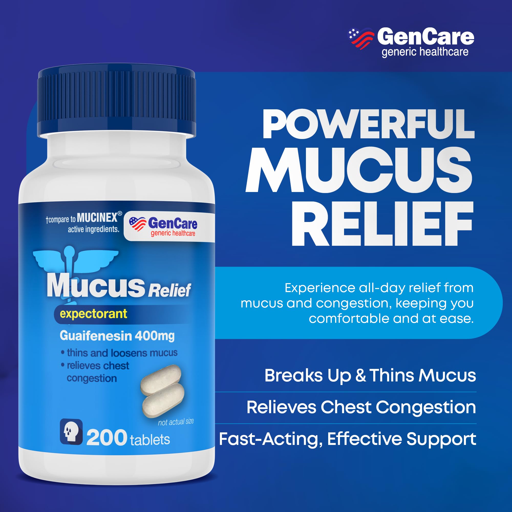 GenCare Mucus Relief Expectorant Guaifenesin 400 mg 200 Tablets Value Pack - Fast Acting Thinning of Mucus for Colds, Chest Cong