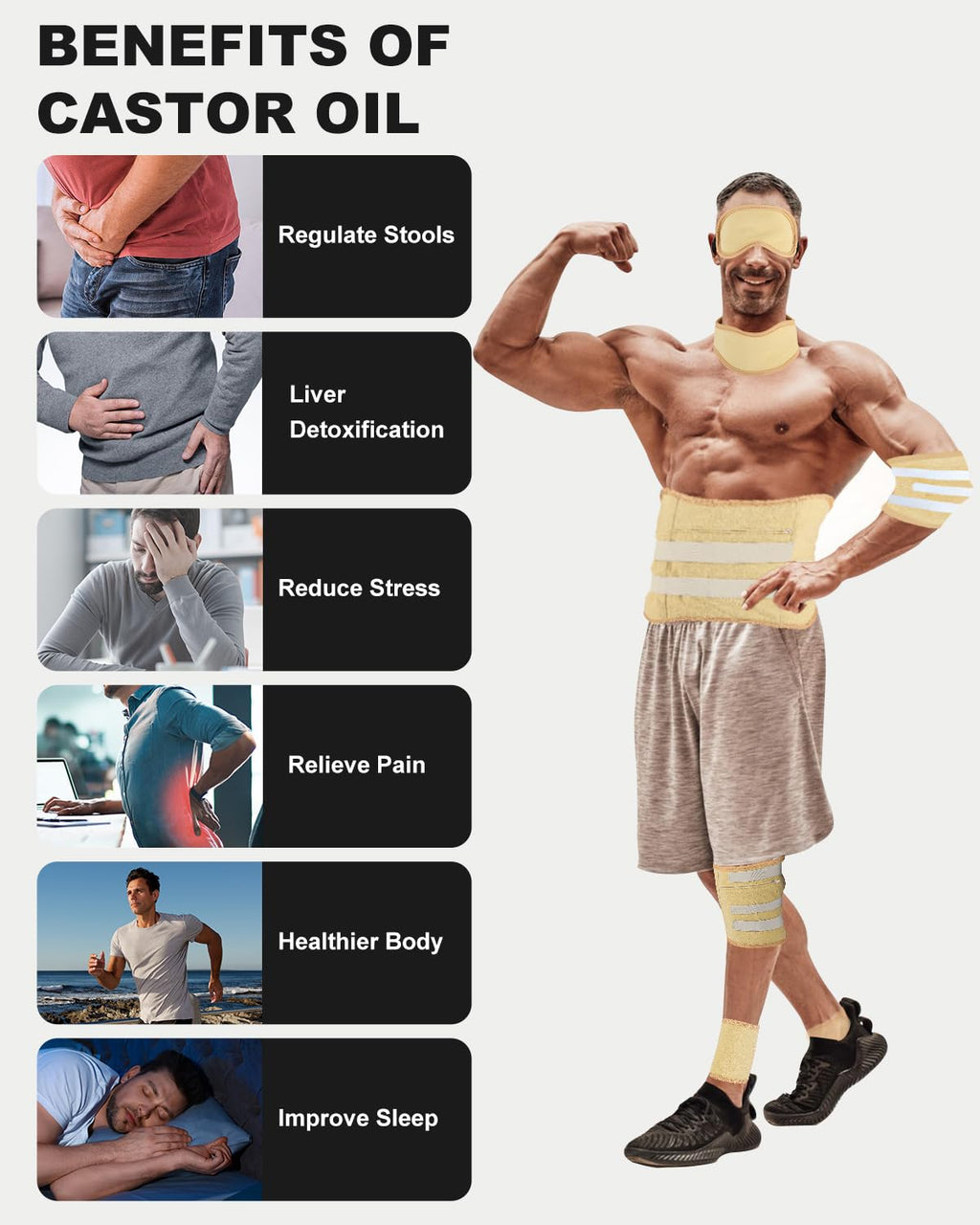 10 Pcs Castor Oil Pack Wrap for Men, Castor Oil Pack for Men Whole Body with Adjustable Straps, Castor Oil Wrap Set Flannel Cott