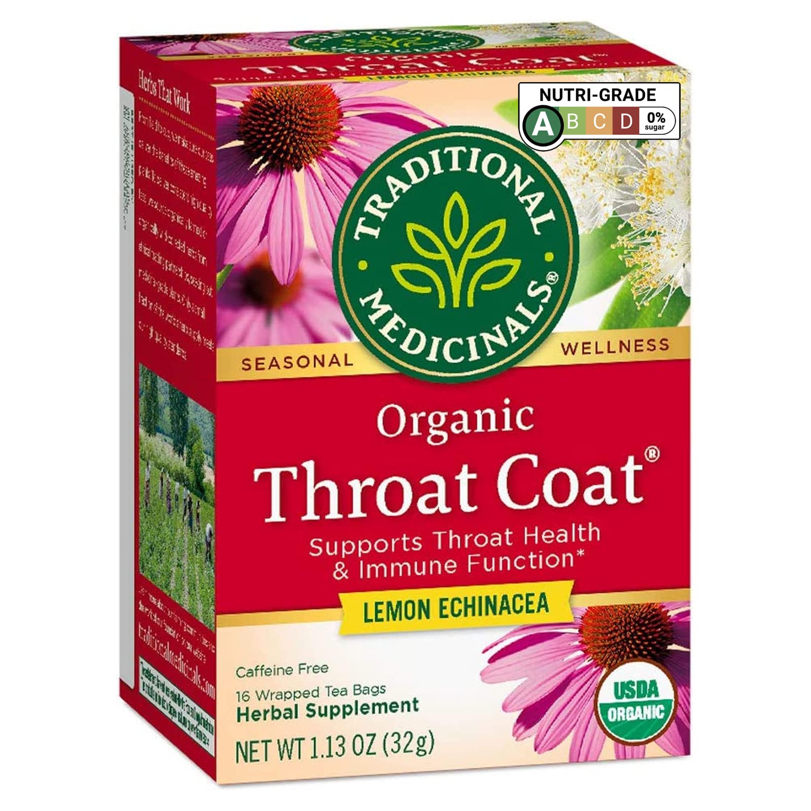 Traditional Medicinals Organic Lemon Echinacea Throat Coat Herbal Tea - 16 Tea Bags