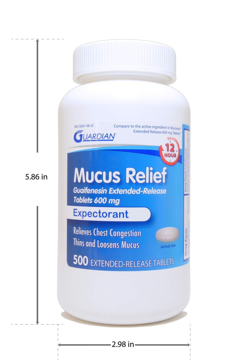 Guardian Mucus Relief, 600mg Guaifenesin 12 Hour Extended Release, Chest Congestion Expectorant (500 Count Bottle)