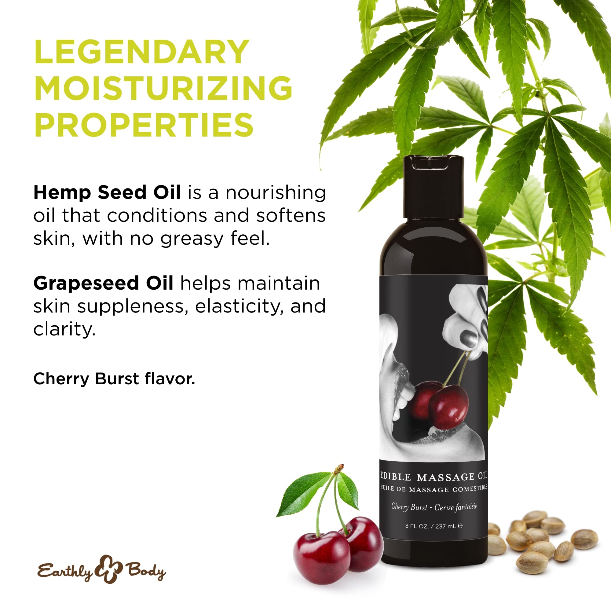 Earthly Body Edible Massage Oil, Cherry - 8 fl. oz. - Hemp Seed, Almond, Grapeseed, Apricot & Vitamin E Oil - Vegan & Cruelty Fr