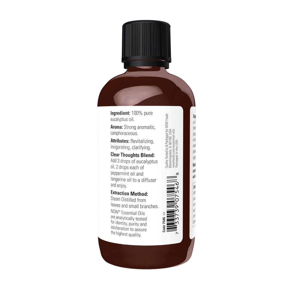 NOW Essential Oils, Eucalyptus Oil, Clarifying Aromatherapy Scent, Steam Distilled, 100% Pure, Vegan, Child Resistant Cap, 4-Oun