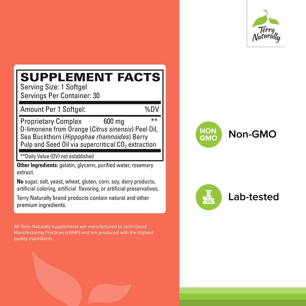 Terry Naturally Heartburn Rescue - Dietary Supplement to Aid Acid Indigestion Relief - Digestive Health Support with D-Limonene