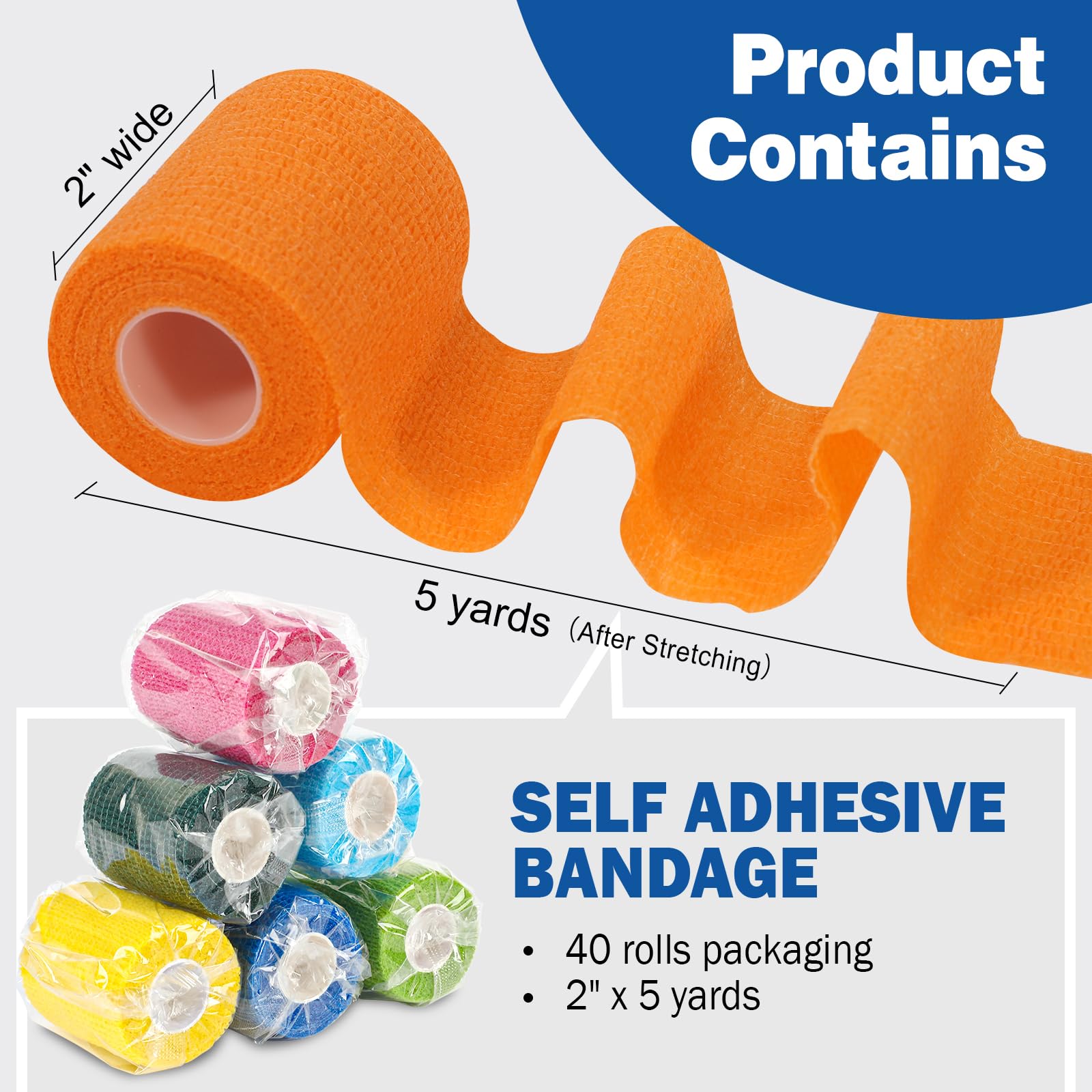AZEN 40 Pack Self Adhesive Bandage Wrap, 2 X 5 Yards Elastic Cohesive Bandage Wrap, Color Athletic Tape, Vet Wrap, Ankle Tape, T