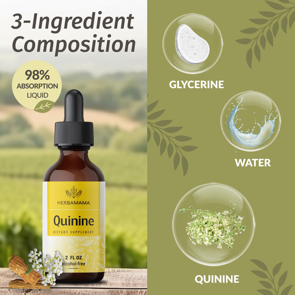 HERBAMAMA Quinine for Leg Cramps Tincture - Vegan Cinchona Bark Liquid Quinine Drops - Non-GMO, Alcohol & Sugar-Free Cramp Defen