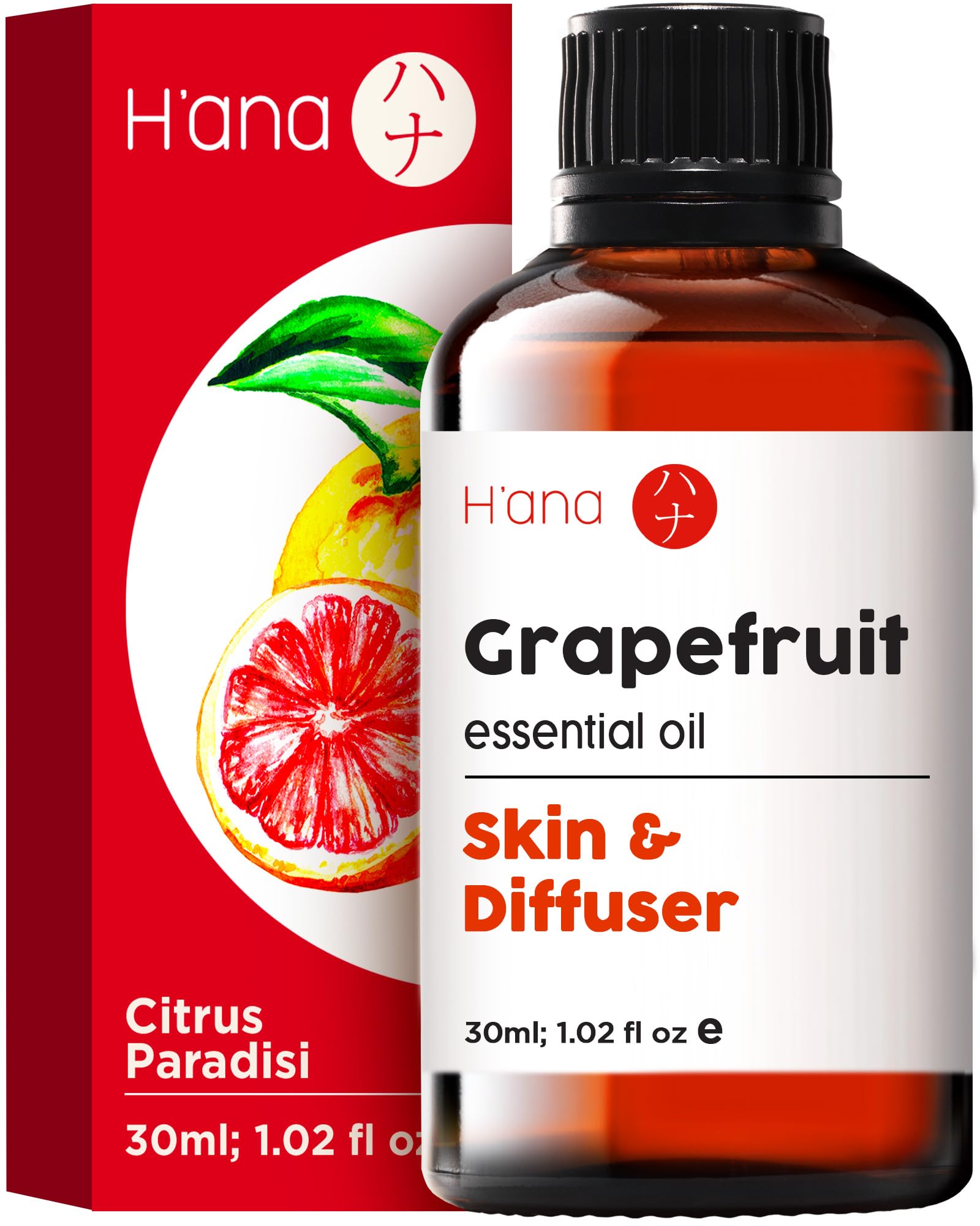 Hana Grapefruit Essential Oil (1 Fl Oz) Grapefruit Oil for Skin, Hair, Body, Diffuser and Aromatherapy - Fresh, Citrusy Scent
