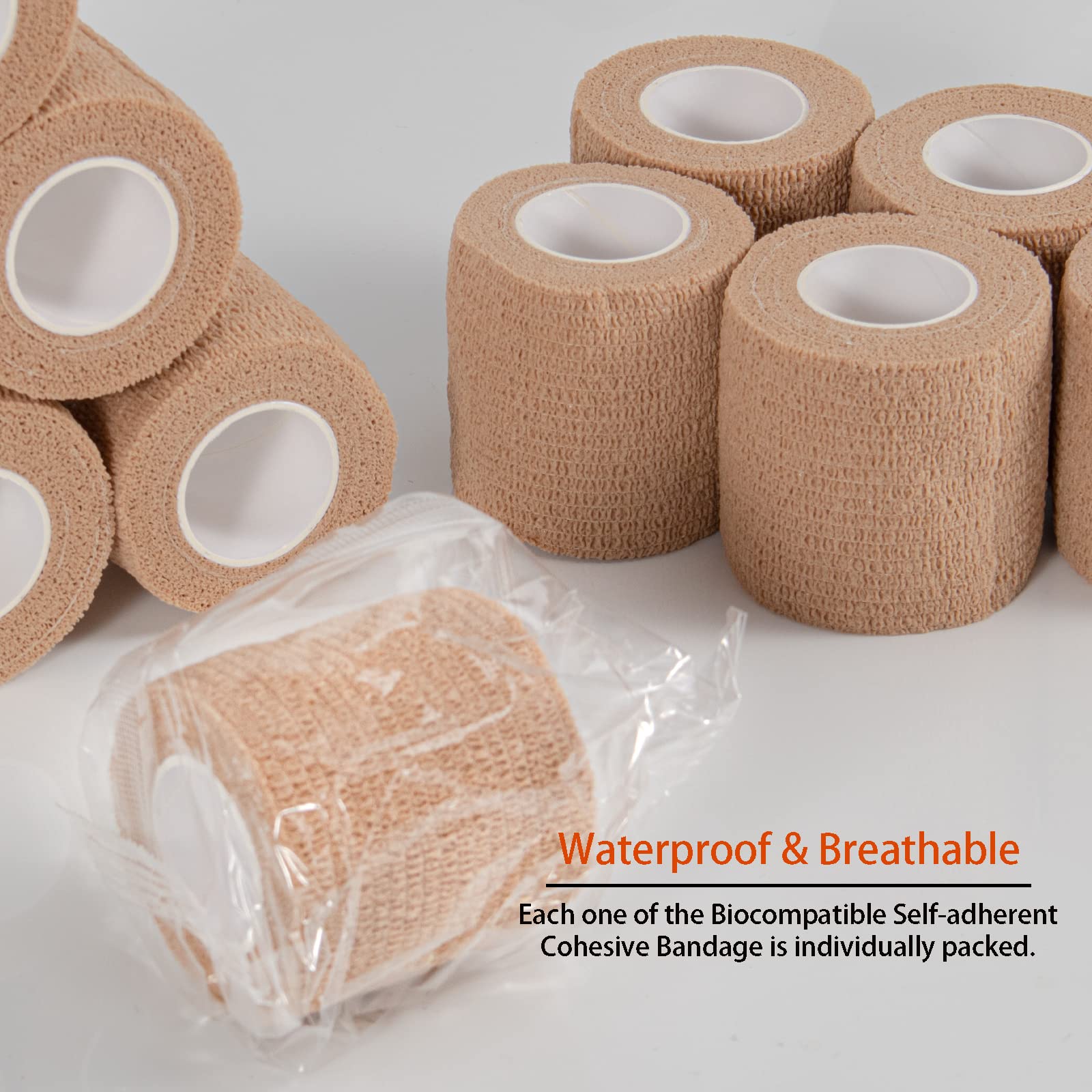 24 Pack Self Adherent Cohesive Bandage Wrap, 2    x 5 Yards Stretch Non Woven Self Adhesive Tape - Skin Colour Athletic Elastic