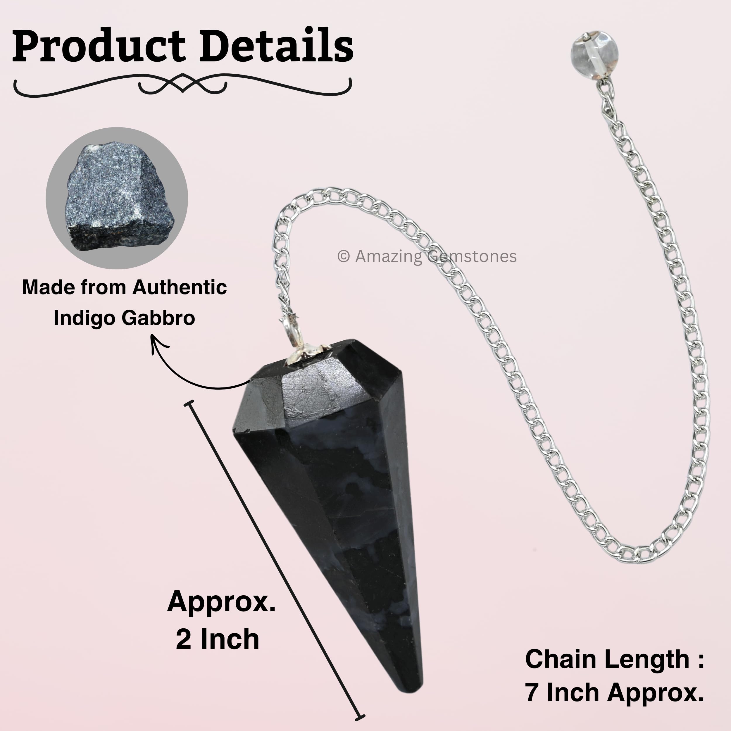 Indigo Gabbro Crystal Pendulum for Divination - Dowsing Pendulum with Chain and Crystal Ball for Reiki Healing and Crystal Grid