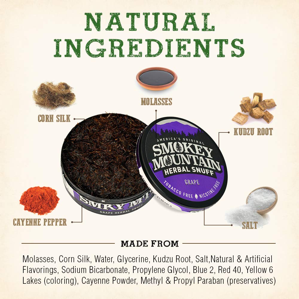 Smokey Mountain Herbal Long Cut - Grape - 10 Can Box - Tobacco Free and Nicotine Free Snuff