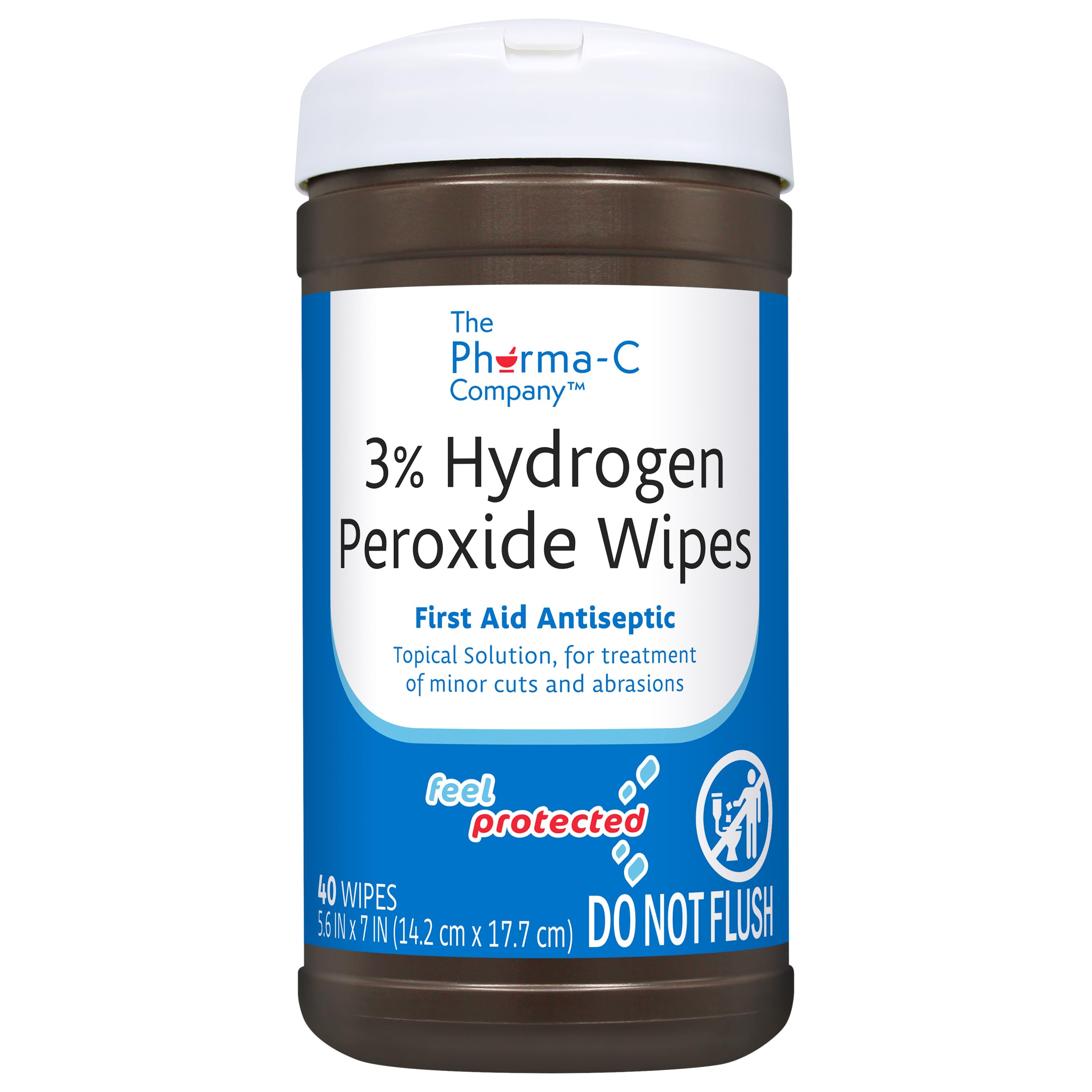 Pharma-C 3% Hydrogen Peroxide Wipes [6 pack - 40ct canisters] - First Aid. H202 Skin Safe Antiseptic Wound Cleaner.