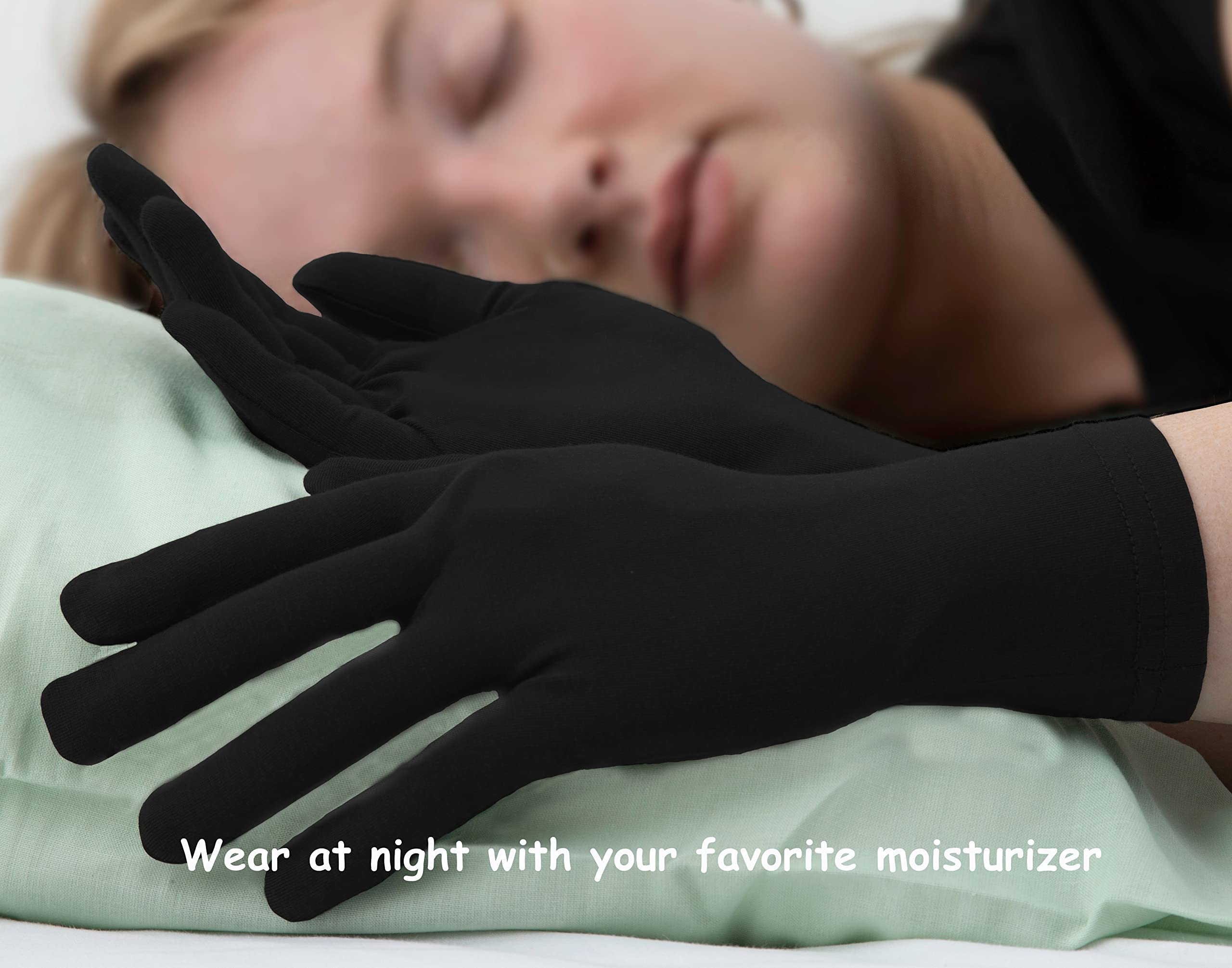 Bamboo Gloves for Eczema, Black, Small, Women, Dry Hands, Overnight Moisturizing Gloves, 3 Pairs
