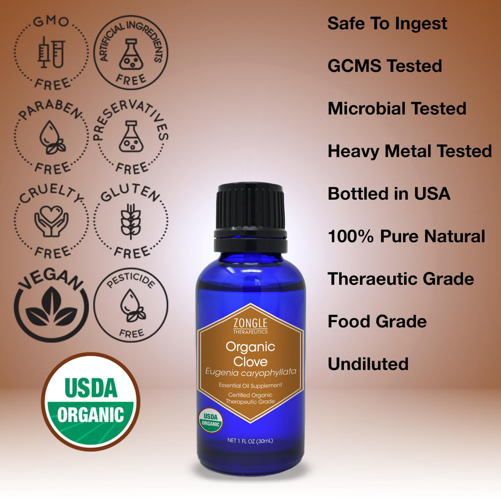 Organic, Clove Oil, Food Grade, for Teeth and Gums, Tooth Aches - 100% Pure, Clove, Bud, Essential, Oil, by Zongle Therapeutics,