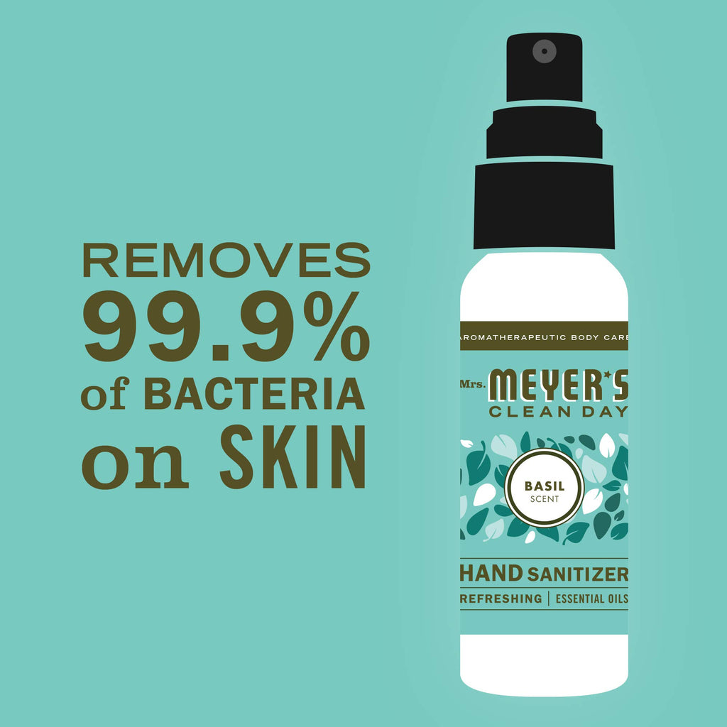 MRS. MEYER S CLEAN DAY Antibacterial Hand Sanitizer Spray, Travel Size, Removes 99.9% of Bacteria, Basil, 2 oz - Pack of 4