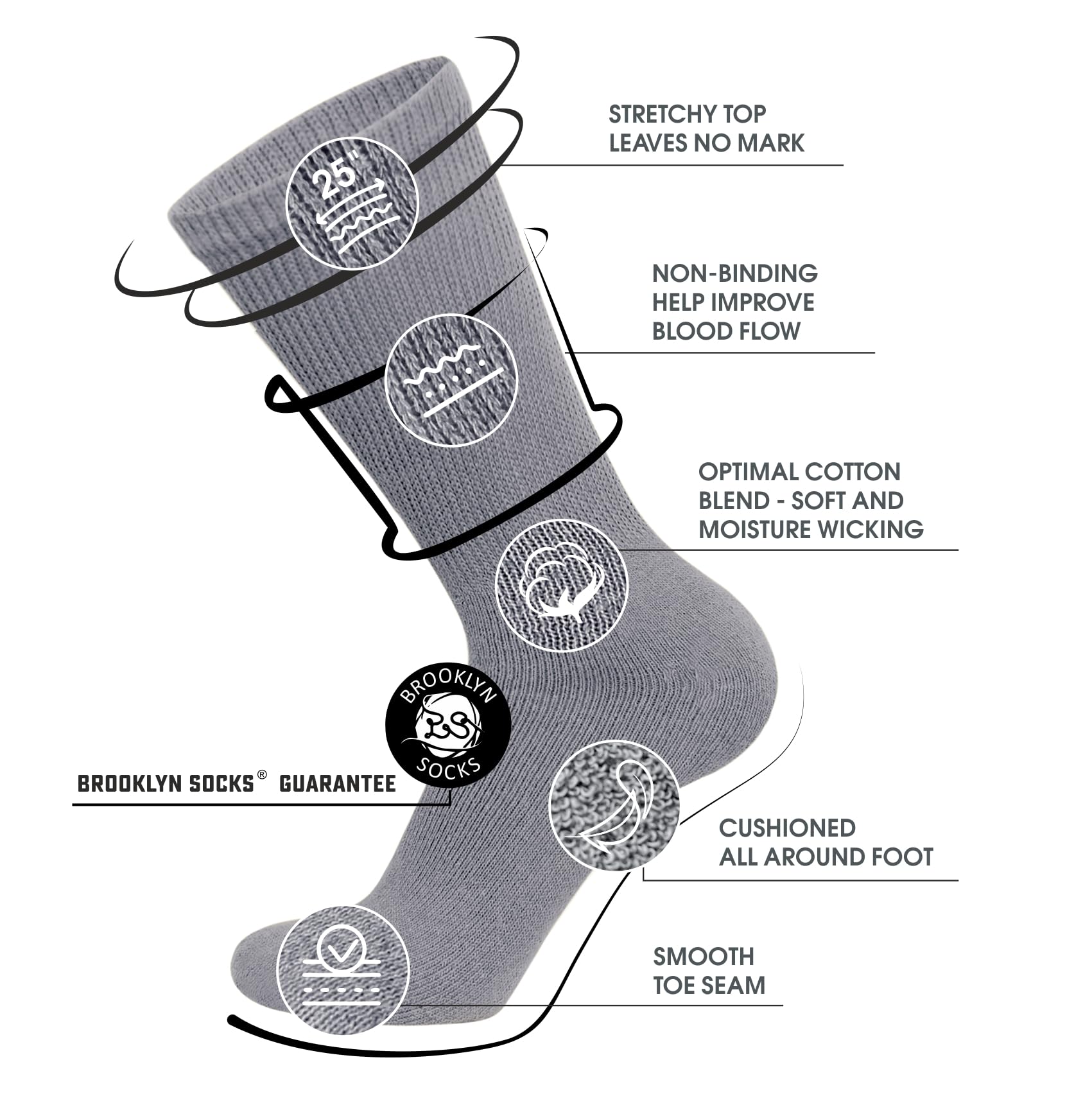 12 Pairs of Cotton Diabetic Neuropathy Crew Socks (9-11, Fits Men's shoe size 7-9.5, Gray)