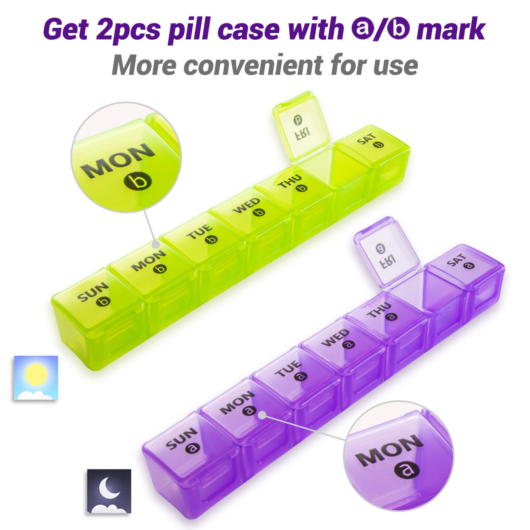 2-Pack Large Weekly Pill Organizer,Vitamin Pill Box Organizer 7 Day with Big Compartments, Am Pm Pill case for Travel,XL Medicin