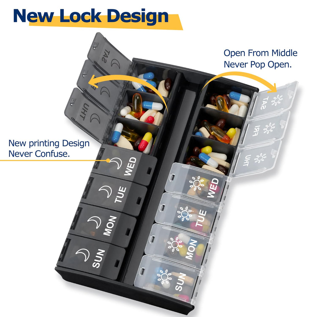 XL Large Pill Organizer 2 Times a Day, Weekly Am Pm Pill Box with Hinged Lids, 7 Day Medicine Vitamin Pill Case, Daily Pill Cont
