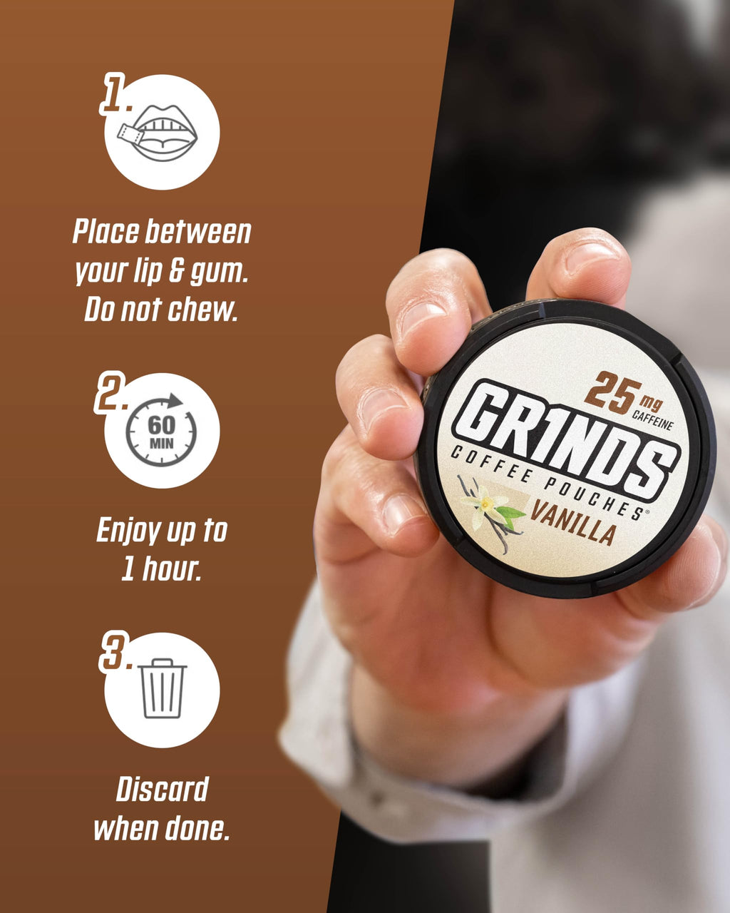 Grinds Coffee Pouches | Tobacco Free, Nicotine Free Healthy Alternative | 10 Cans of Vanilla | 18 Pouches Per Can | 1 Pouch eq.