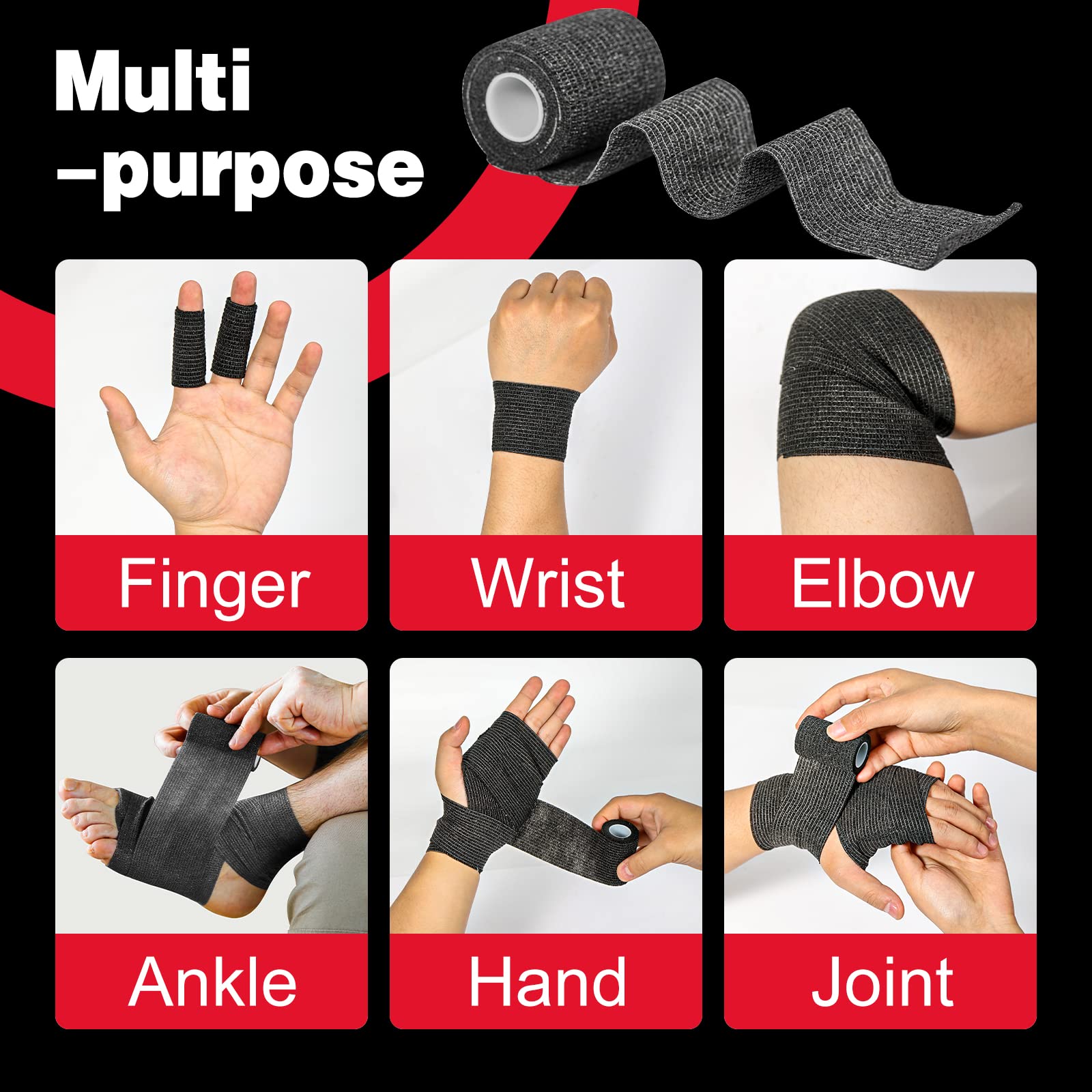 AZEN 80 Pack Self Adhesive Bandage Wrap Black, 2 X 5 Yards Black Athletic Tape, Vet Wrap, Tattoo Grip Tape Wrap,Ankle Tape, Cohe