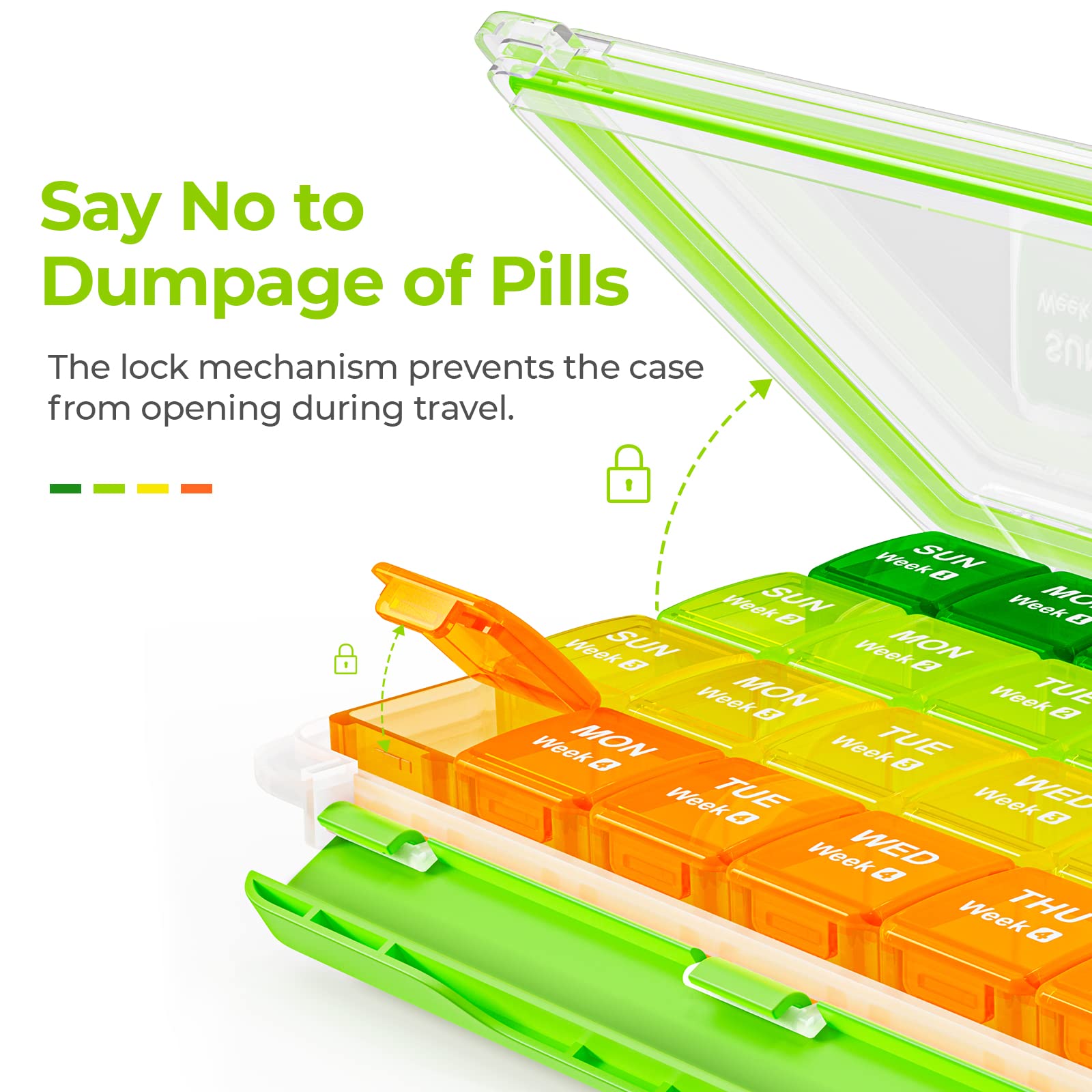 AUVON Monthly Pill Organizer Moistureproof, Large 28 Days Pill Case with Removable 4 Weeks Pill Box Rows, Travel-Friendly Pill C