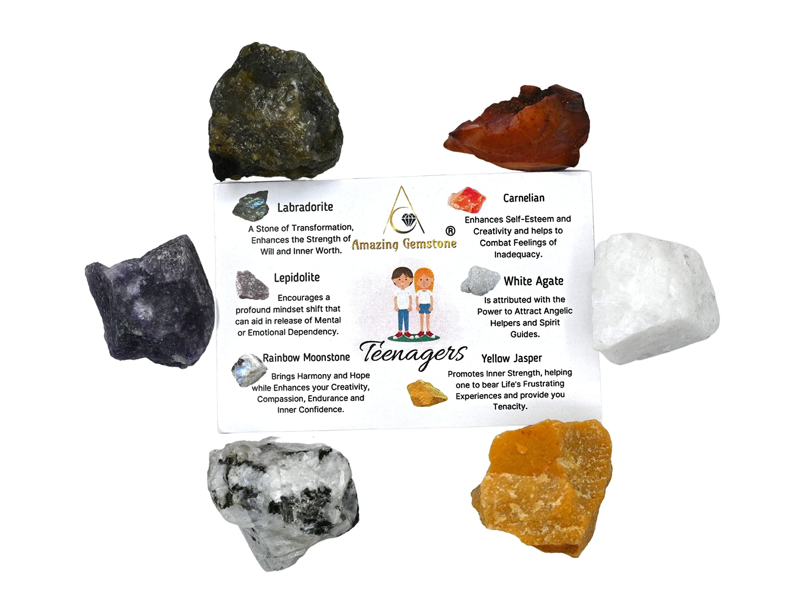 Crystals for Teenagers Manifestation, Set of 6 Labradorite, Lepidolite, Rainbow Moonstone, Carnelian, White Agate and Yellow Jas