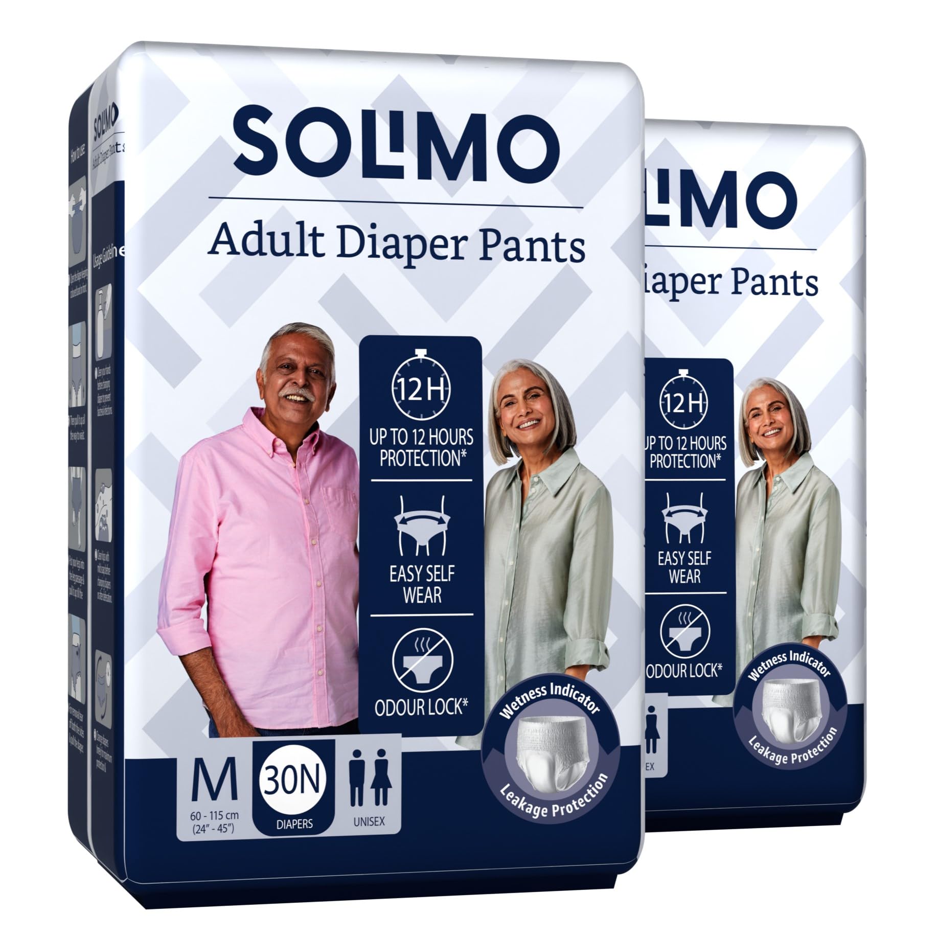 Amazon Brand  Solimo Adult Diapers, Pant Style | Pack Of 60 | Medium Size | Waist 2445 In (60115 Cm) | Unisex | Quick Absorpt