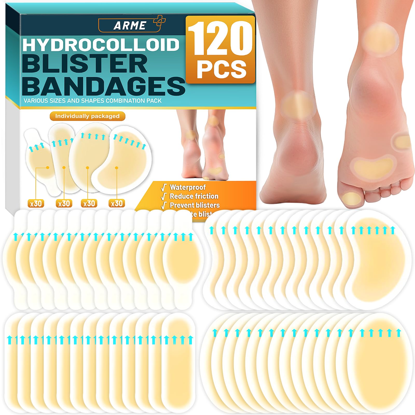Arme Hydrocolloid Bandages, 120Pcs Gel Blister Bandages for Feet, Waterproof Blister Pads Blister for Prevention & Recovery, Bli