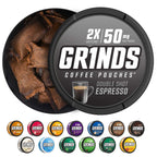 Grinds Coffee Pouches | Tobacco Free, Nicotine Free Healthy Alternative | 6 Cans of Double Shot Espresso | 18 Pouches Per Can |
