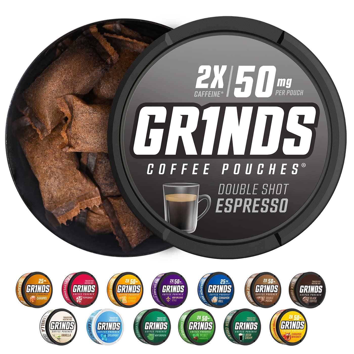 Grinds Coffee Pouches | Tobacco Free, Nicotine Free Healthy Alternative | 6 Cans of Double Shot Espresso | 18 Pouches Per Can |