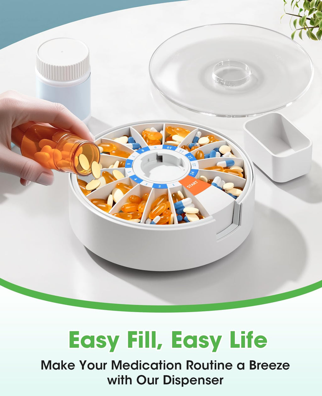 Daviky Pill Dispenser Daily, Large Pill Organizer with Wall-Mounted or Standing Use, 14 Days Pill Box, Push Button Design, Weekl