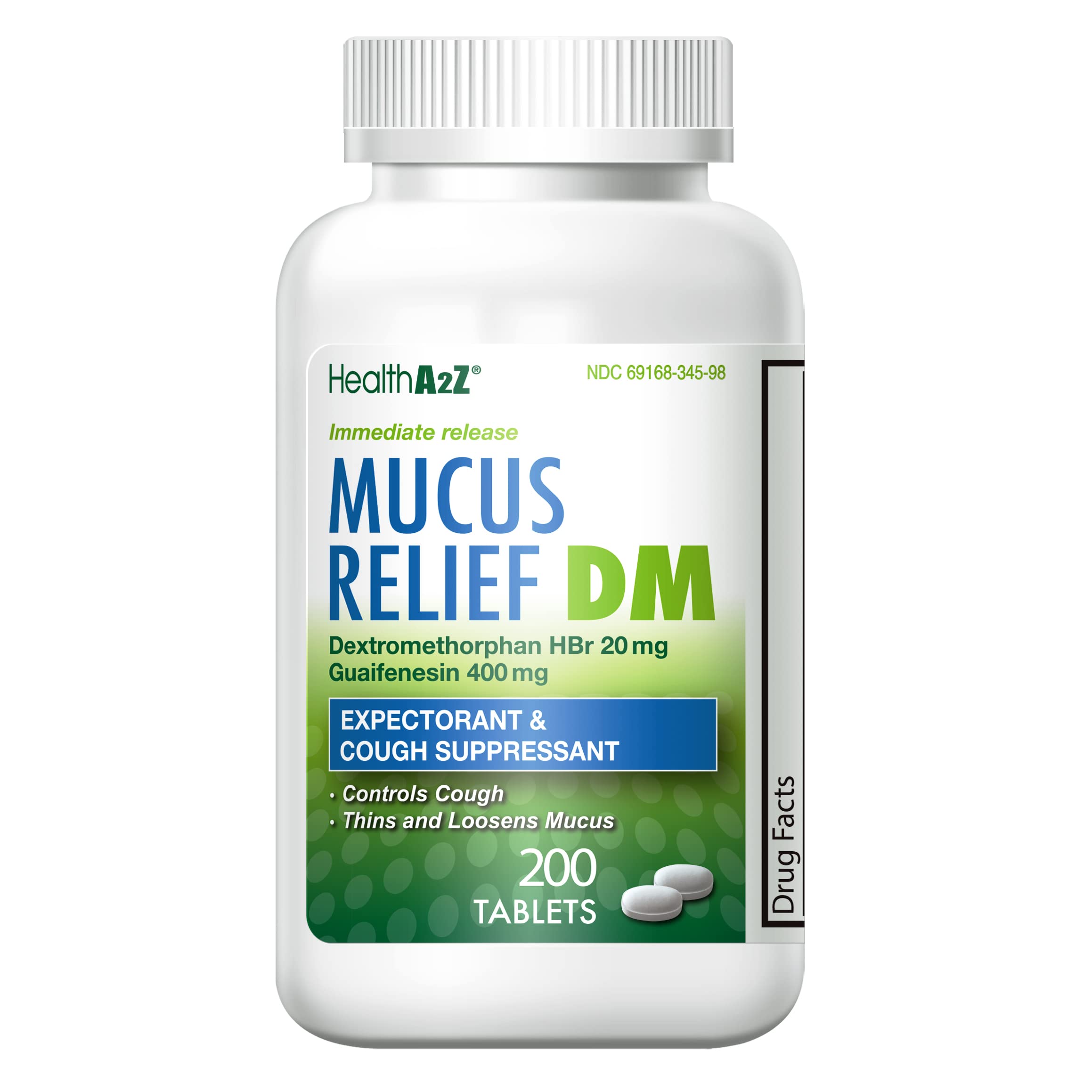 HealthA2Z Mucus Relief DM | Dextromethorphan HBr 20mg | Guaifenesin 400mg | Cough, Immediate Release, Uncoated (200 Count (Pak o
