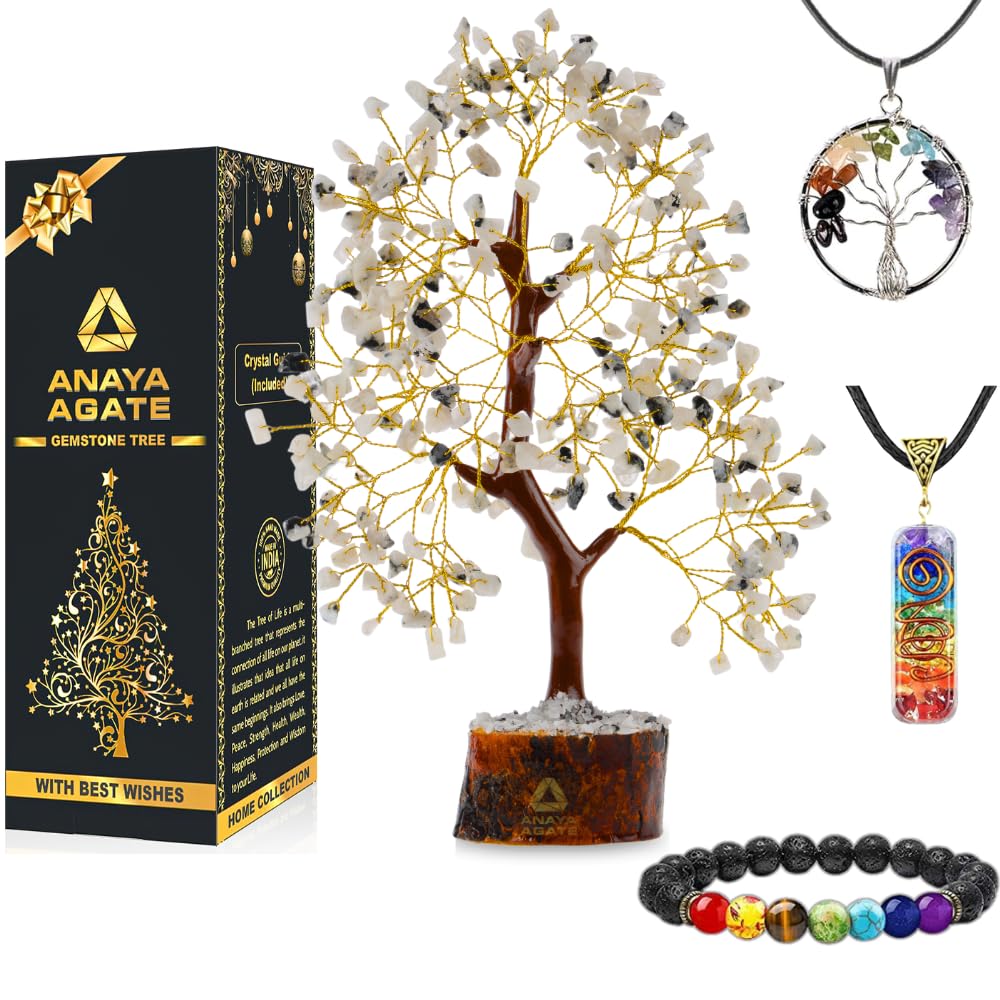 Crystal Tree of Life Rainbow Moonstone Healing Crystal Trees for Home & Office Decoration, Handmade Money Bonsai Trees for Posit
